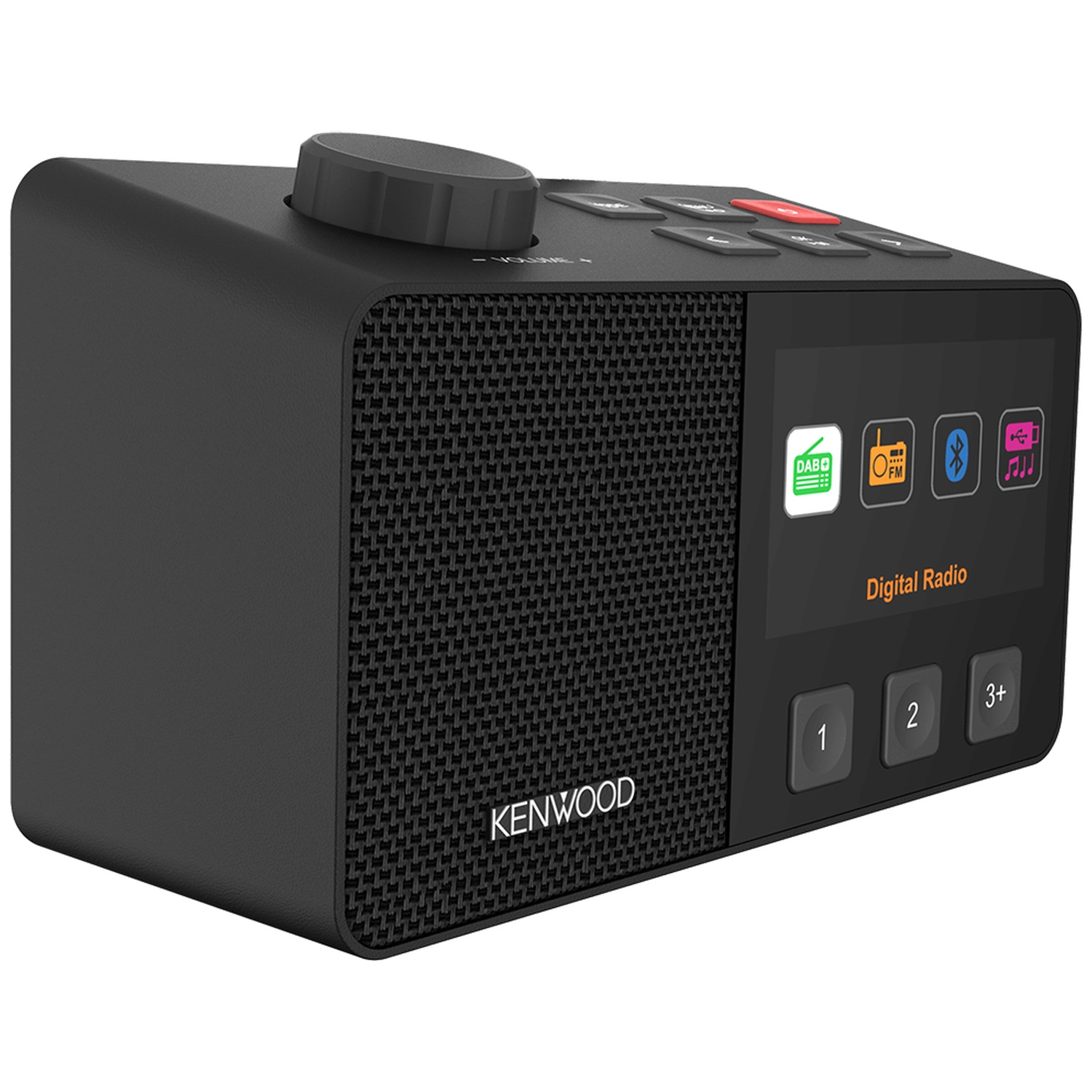 A black Kenwood digital radio with buttons, a knob, and a screen showing radio functions. The screen says 'Digital Radio'.