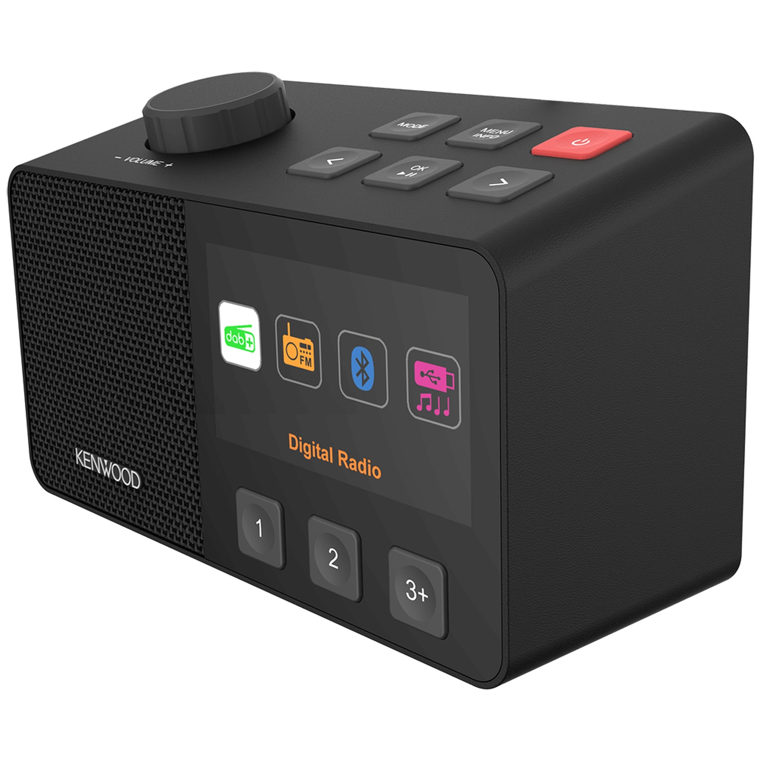 Black Kenwood digital radio. Features a display screen, buttons, and a volume knob. Icons for DAB+, FM, Bluetooth, and music.