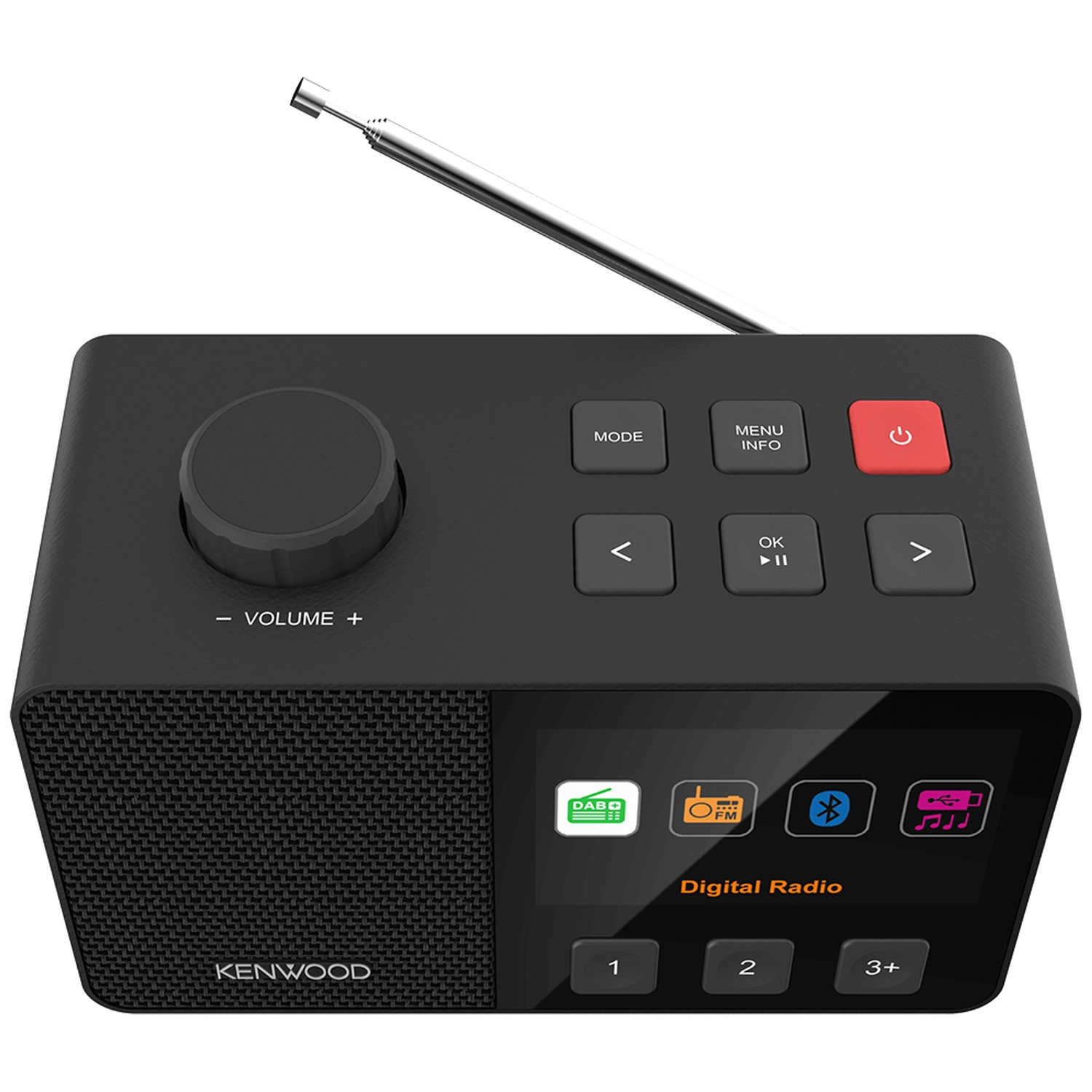 Black Kenwood digital radio with antenna, volume dial, buttons, and screen displaying icons for DAB, FM, Bluetooth, and music.
