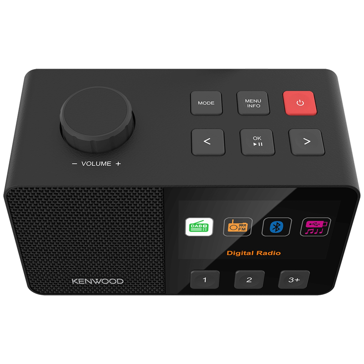 Black Kenwood digital radio. Features a volume knob, buttons for mode, menu, and power, and a screen showing radio functions.