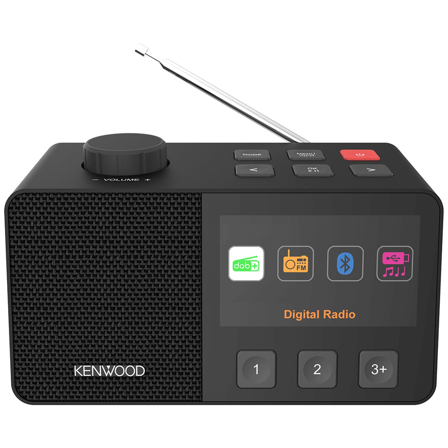 A black Kenwood digital radio with a volume knob, antenna, and screen displaying radio options and buttons.