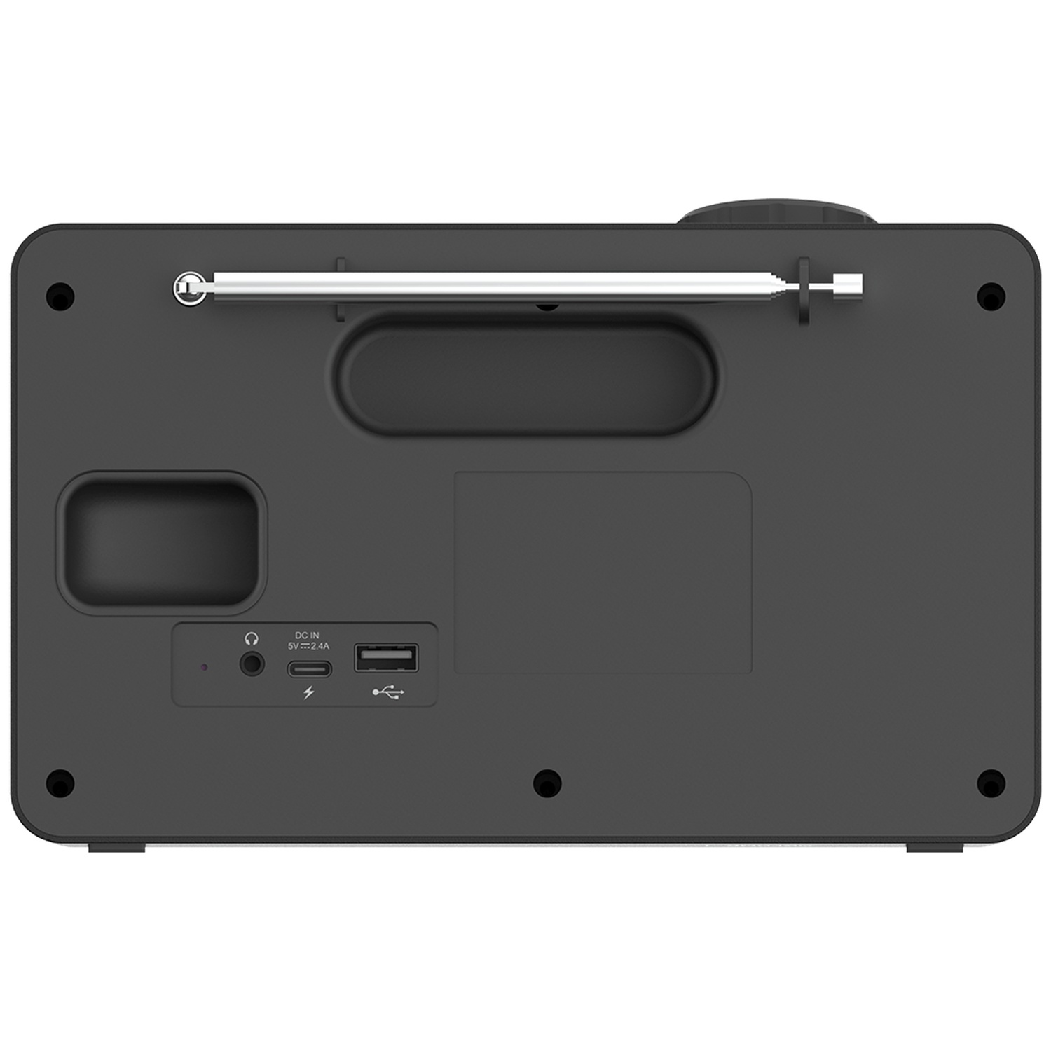 The back of a black radio. It has a retractable antenna, a headphone jack, a USB port, and other connection ports.
