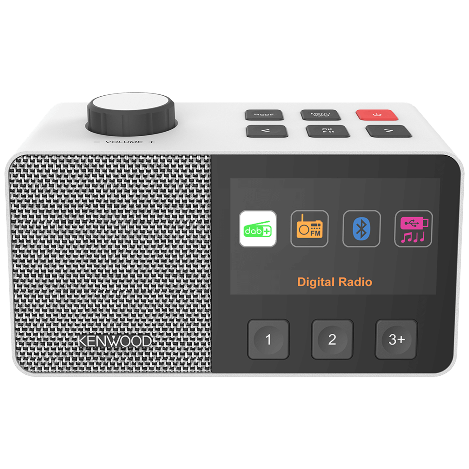 Een witte en zwarte Kenwood digitale radio. Het heeft een scherm, knoppen, een volumeknop en DAB+, FM, Bluetooth en USB-iconen.