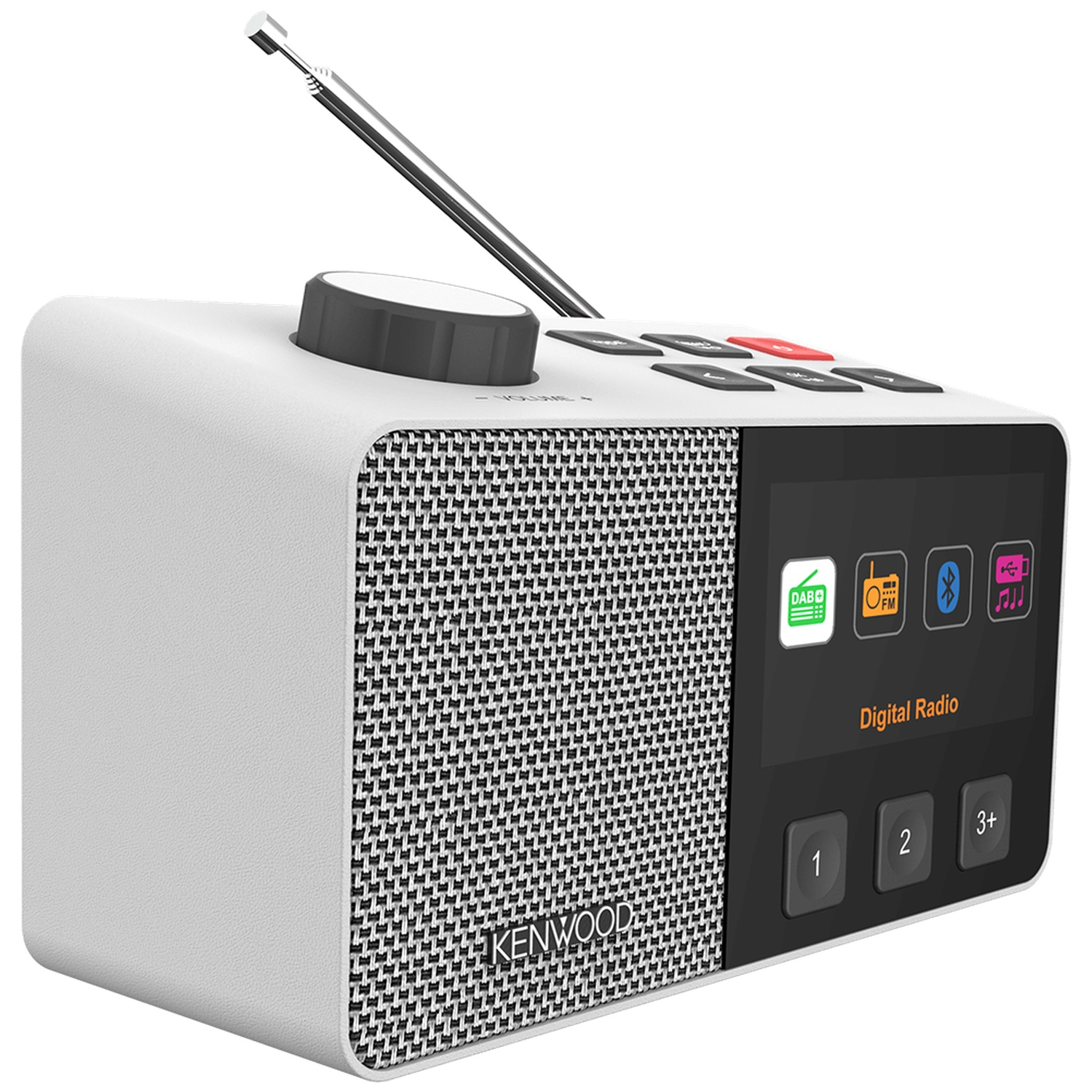 Een witte Kenwood digitale radio met een luidspreker, knoppen, een scherm en een antenne. Het heeft een volumeknop en een digitaal display.
