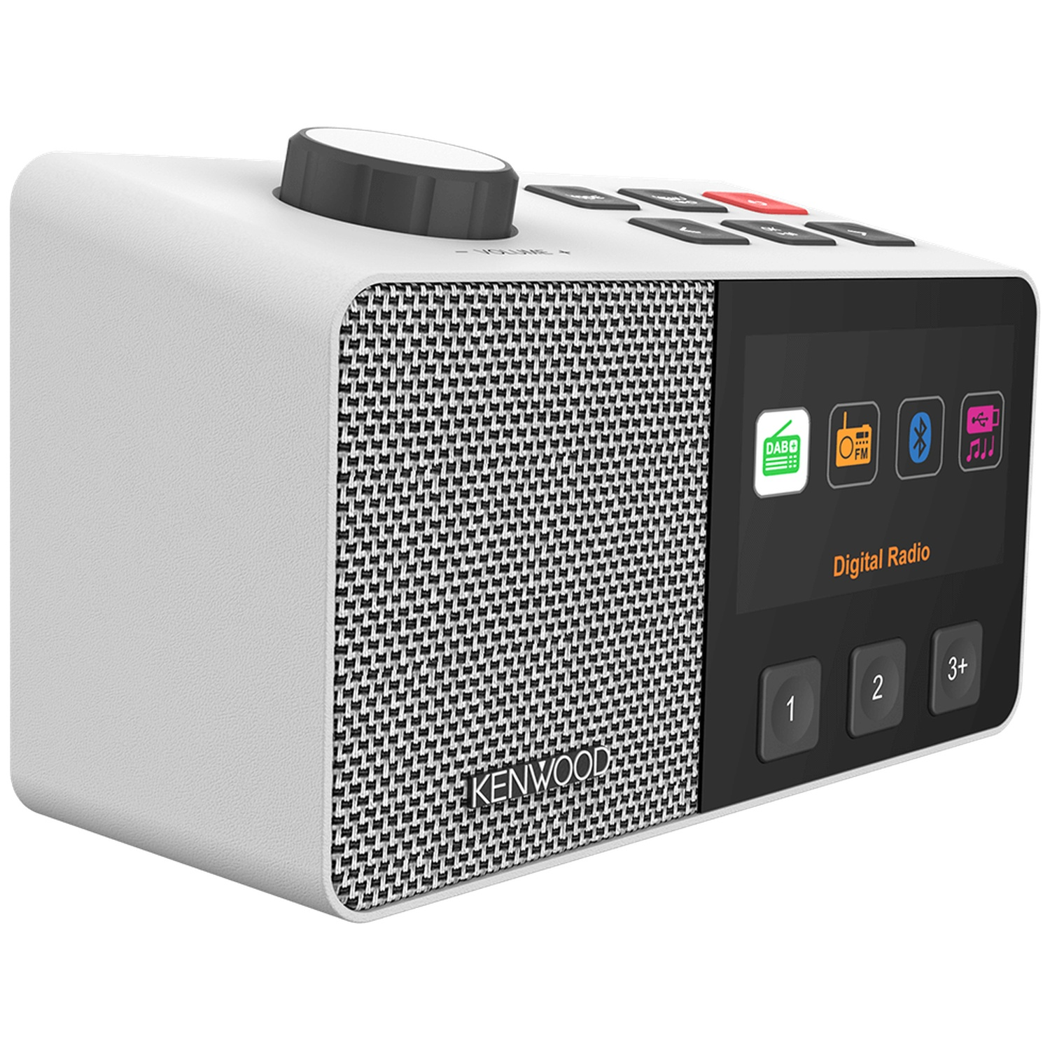 Een witte Kenwood digitale radio met een luidspreker, display, knoppen en volumeknop. Het display toont DAB, FM en Bluetooth iconen.