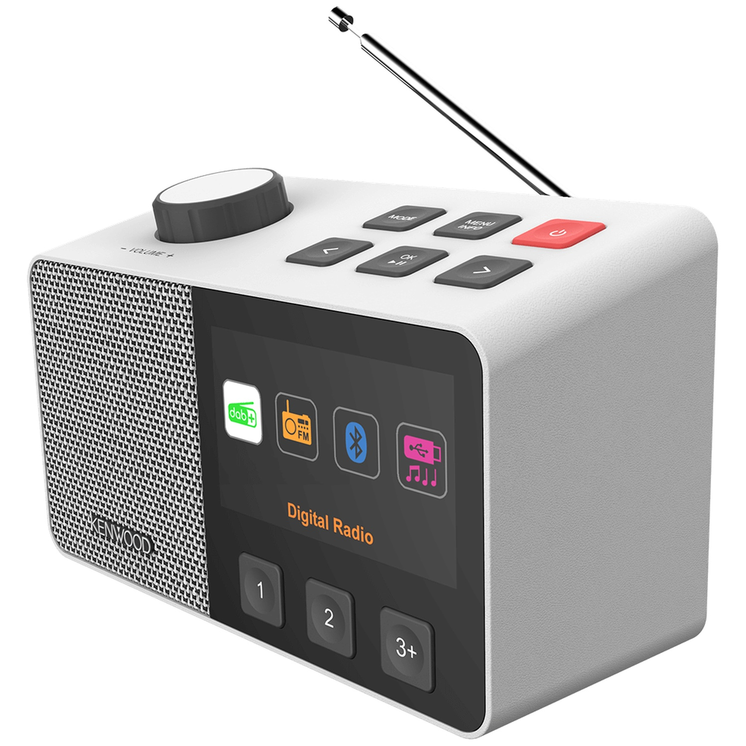 Een wit en grijze digitale radio met een scherm, knoppen en een antenne. Het heeft een volumeknop en diverse functieknoppen.