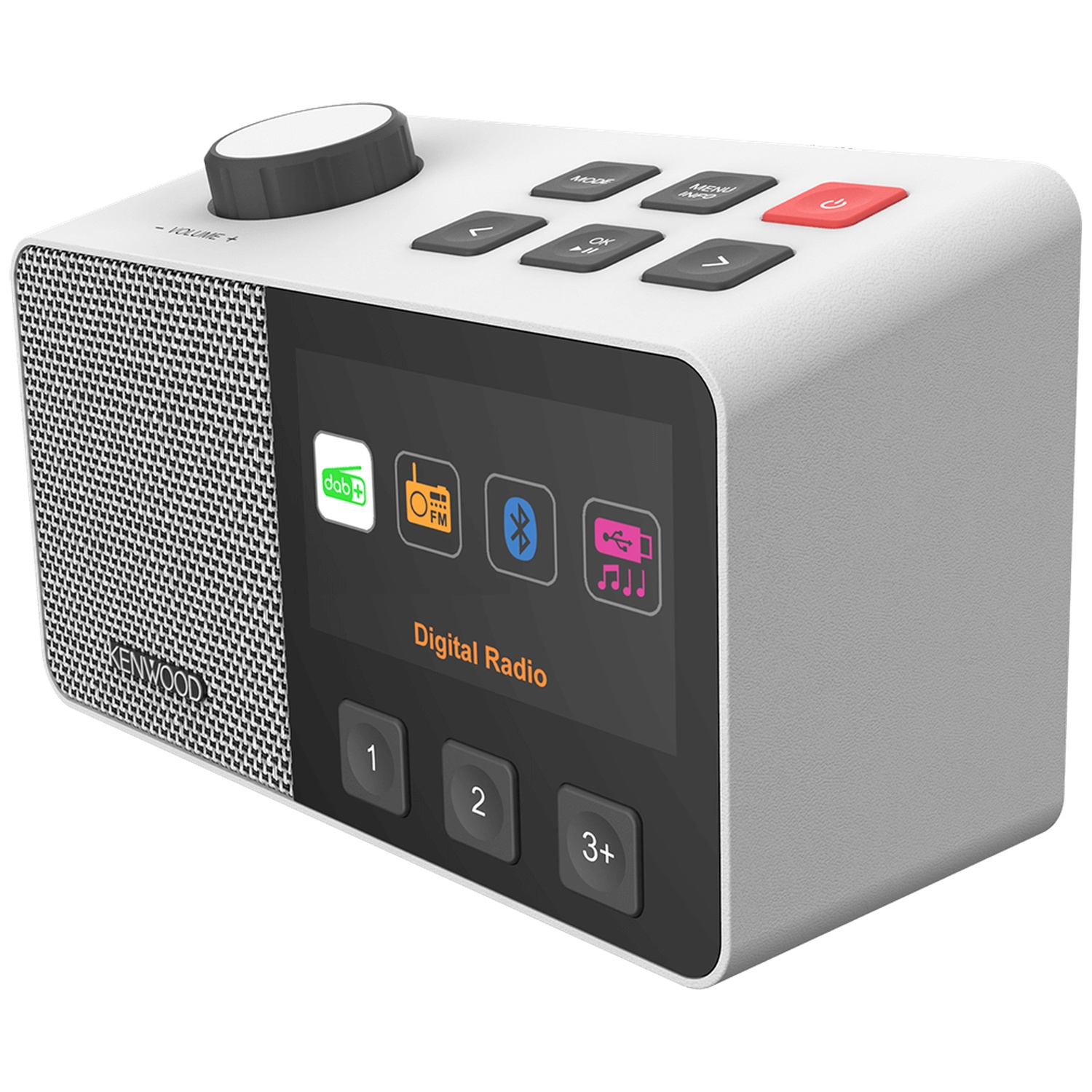 Een witte en grijze digitale radio met een scherm met pictogrammen. Het heeft knoppen en een volumeknop. Het merk is Kenwood.