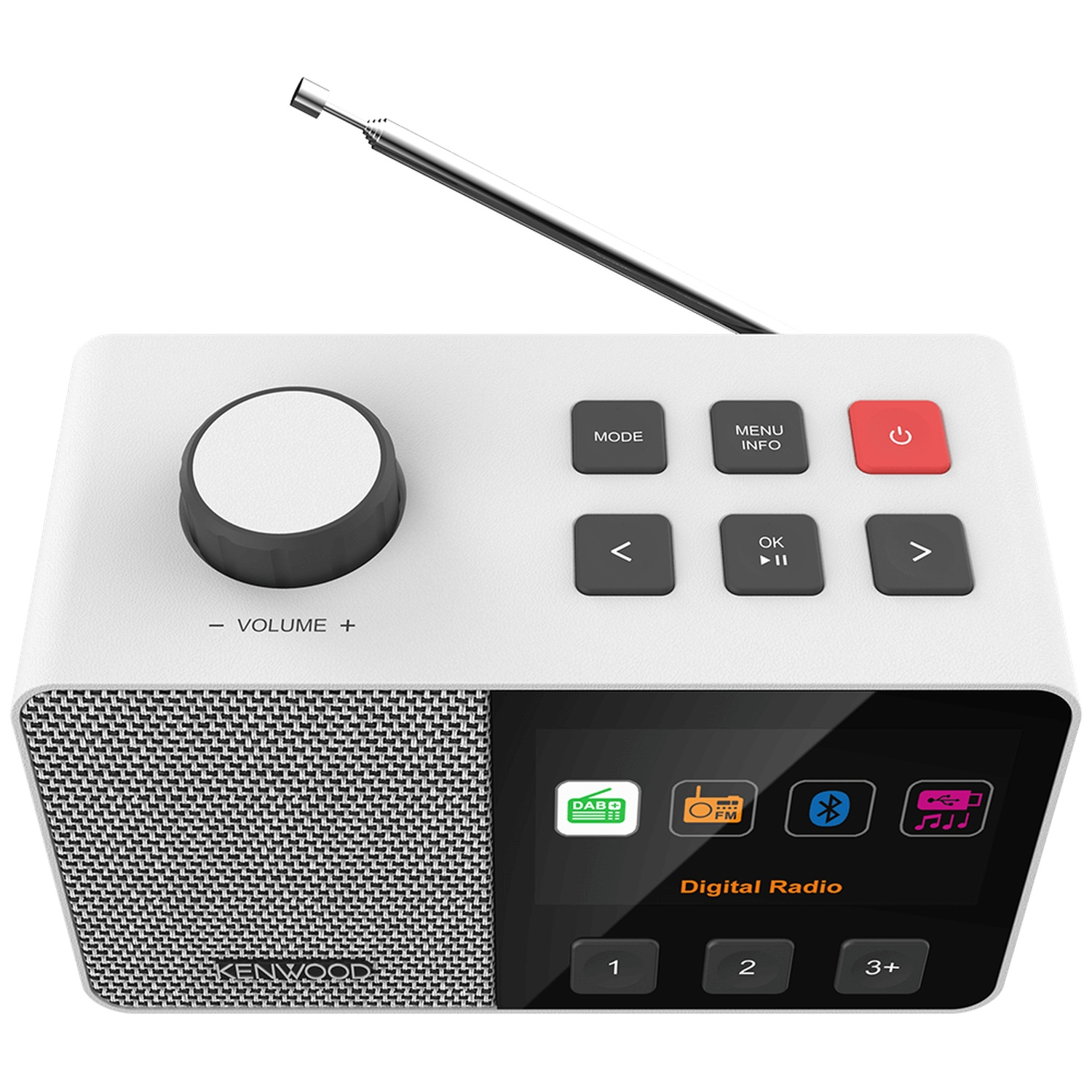 Witte Kenwood digitale radio met antenne, volumeknop en knoppen. Het heeft een display met iconen, waaronder DAB, FM, Bluetooth en muzieknoten.
