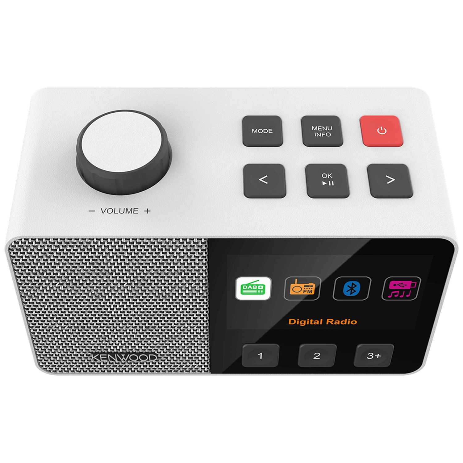 Witte digitale radio met volumeknop, knoppen en een scherm met DAB, FM, Bluetooth en USB-iconen. Het merk is KENWOOD.