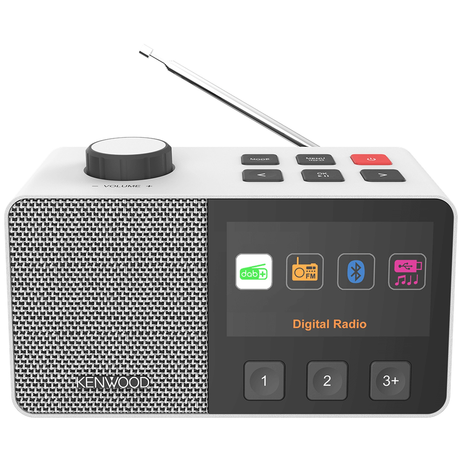Een witte en zwarte Kenwood digitale radio met volumeknop, knoppen, antenne en een display met radio-opties.