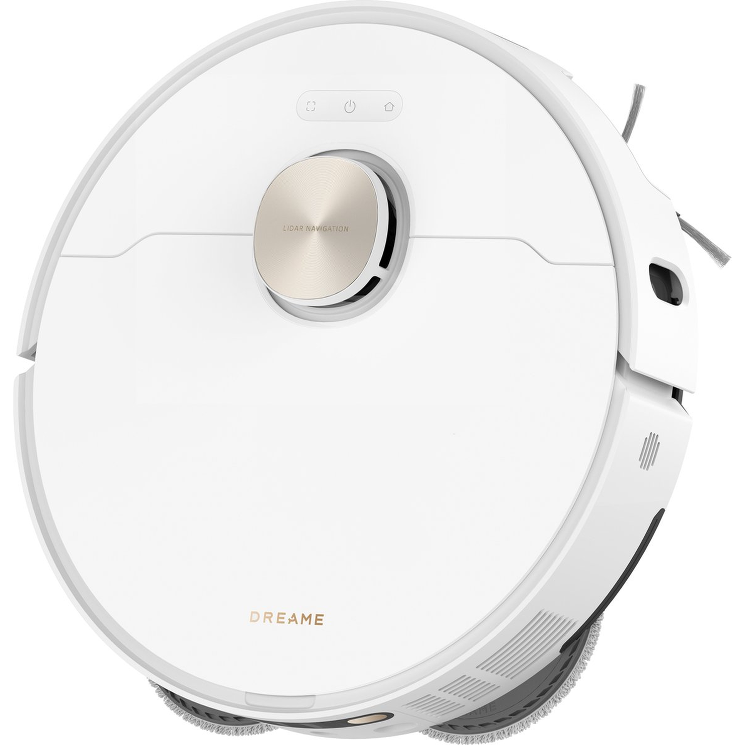 A white Dreame robot vacuum cleaner. It has a circular shape with a gold-colored central element labeled 'LIDAR NAVIGATION'.
