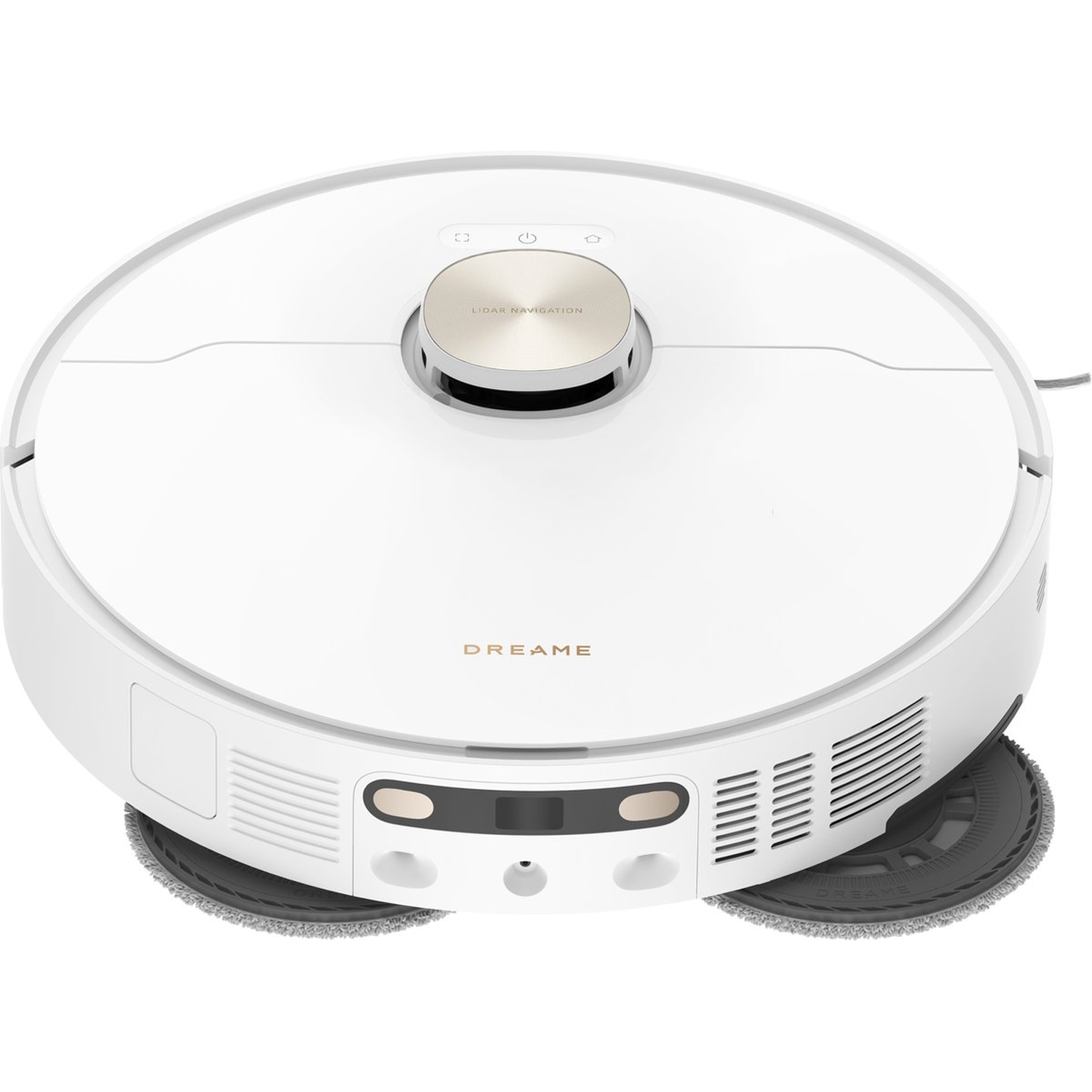 A white and gold robotic vacuum cleaner. It has a circular shape with cleaning pads and a 'LIDAR NAVIGATION' section.