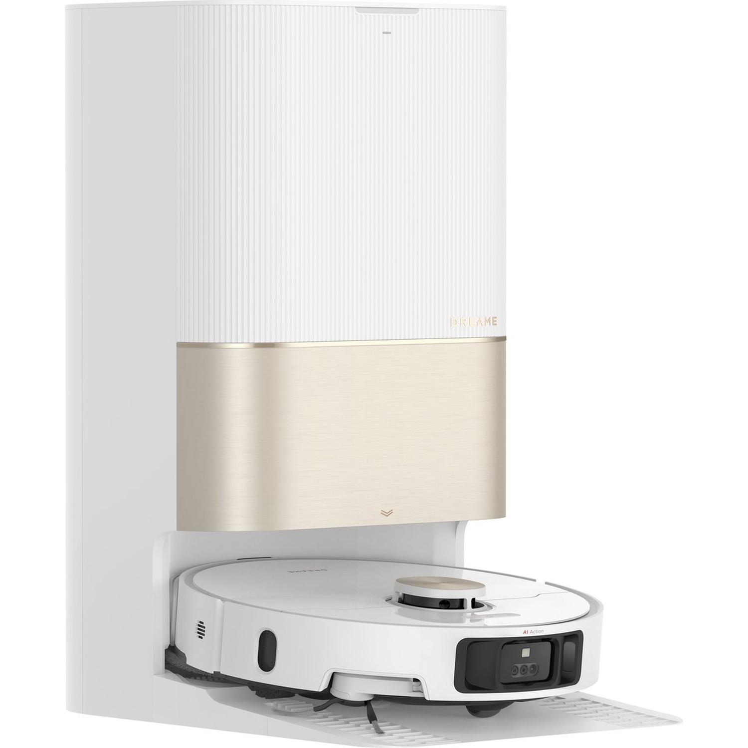 A white and beige robot vacuum cleaner in its charging station. The station is tall and white with gold accents.