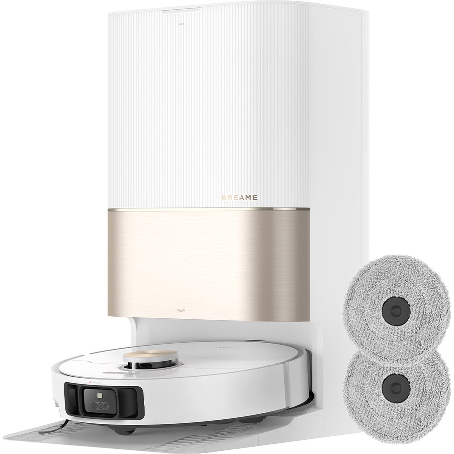 A white and gold robotic vacuum cleaner with two gray mop pads. The base has a docking station.
