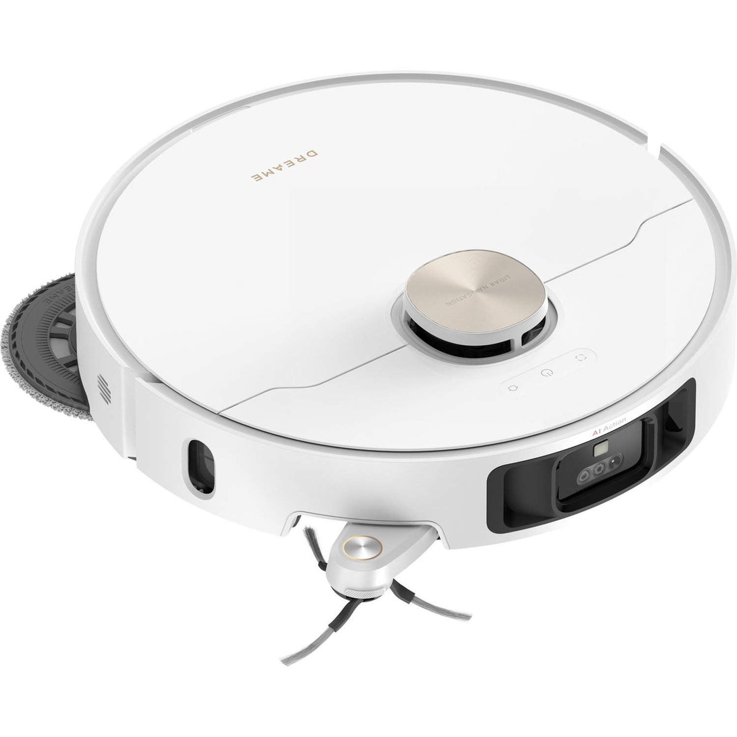 A white robot vacuum cleaner with a round shape. It has a gold-colored top and a black sensor. The brand name is visible.