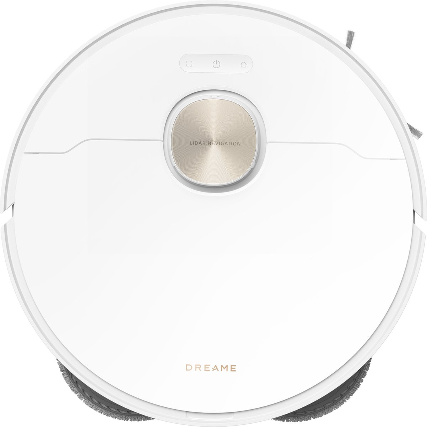 A white round robot vacuum cleaner with a gold center, labeled 'LIDAR NAVIGATION'. It has brushes and the brand 'DREAME'.