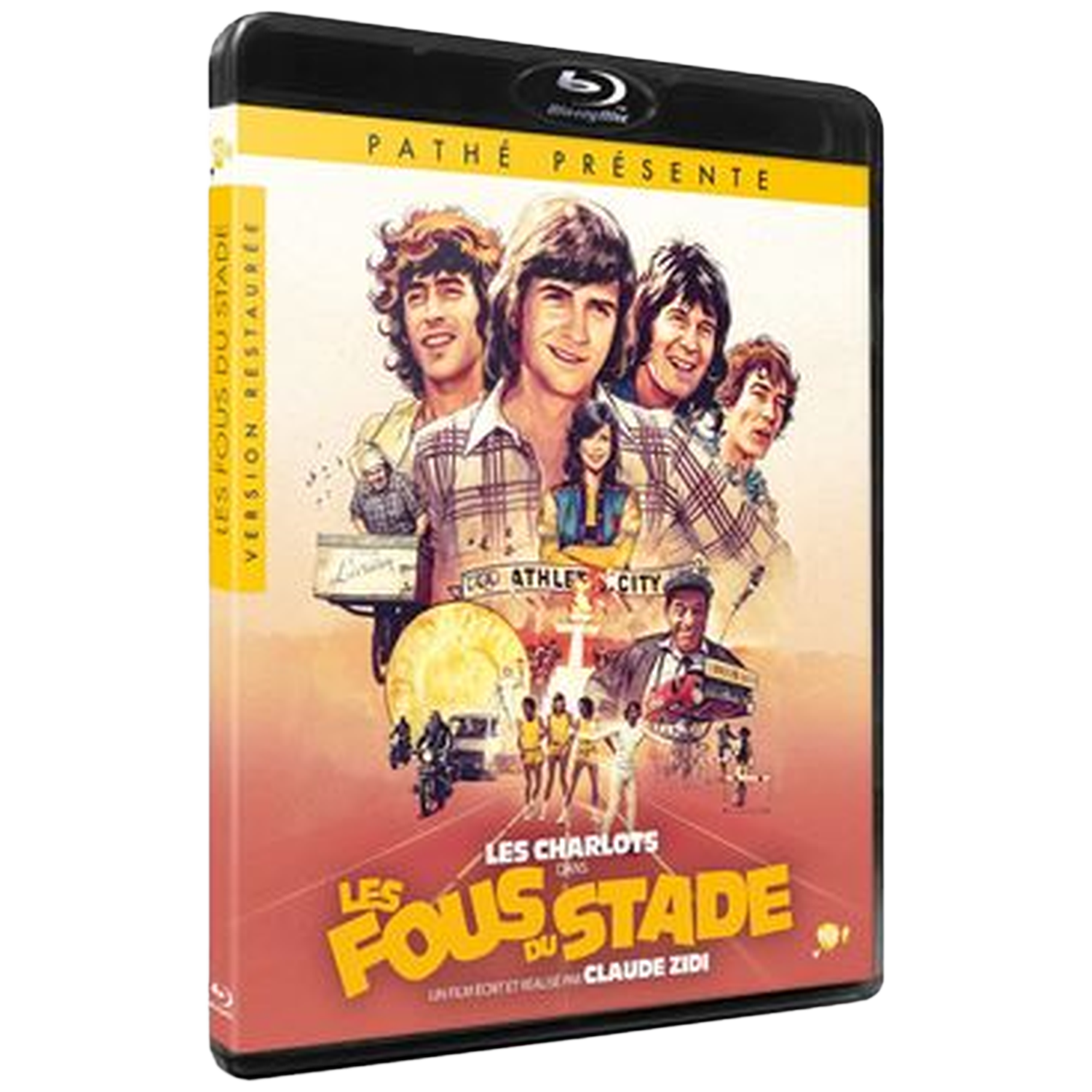 Blu-ray cover van "Les Fous du Stade". Toont een groep mannen, atleten en tekst. Gele en rode tinten domineren het ontwerp.