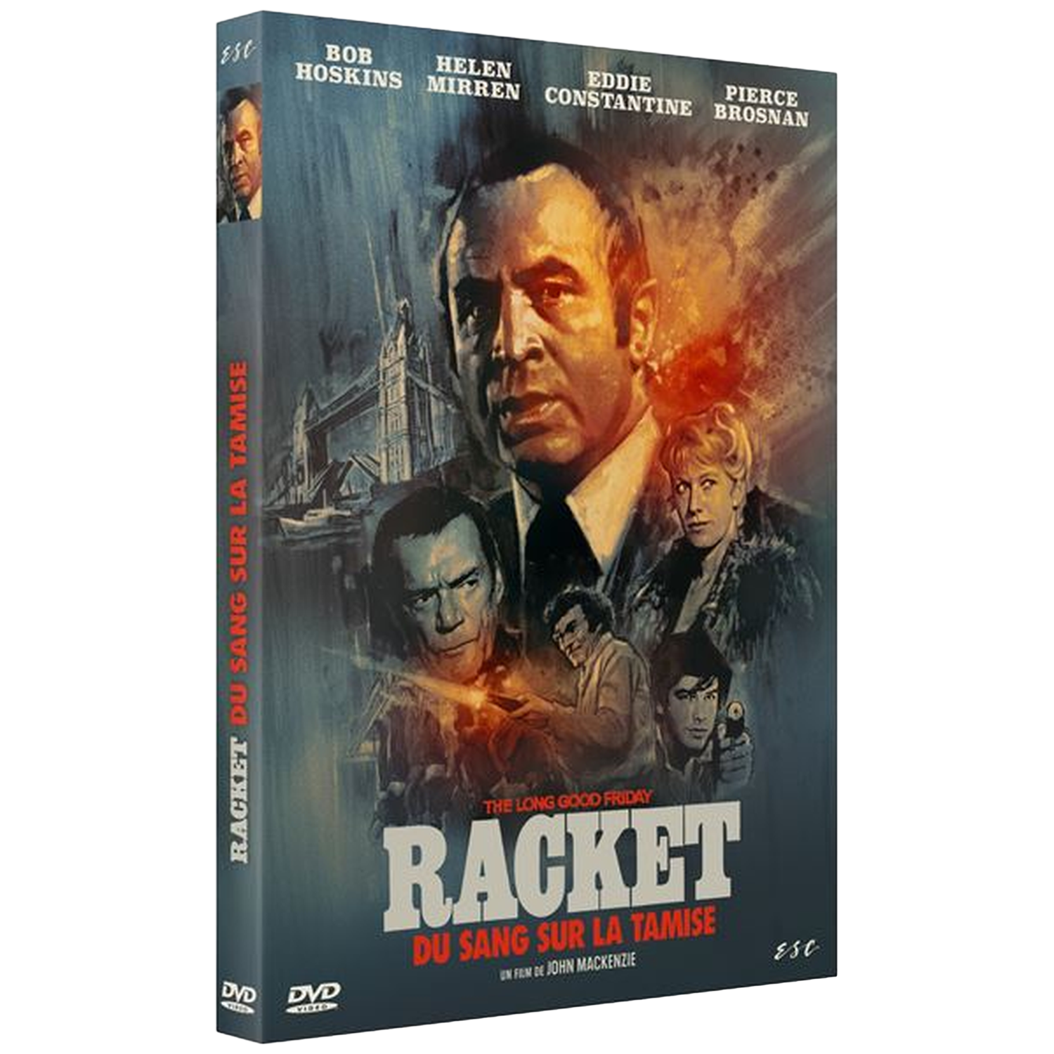 Jaquette DVD de Racket du Sang sur la Tamise. Avec Bob Hoskins, Helen Mirren et Eddie Constantine. Le Tower Bridge est en arrière-plan.