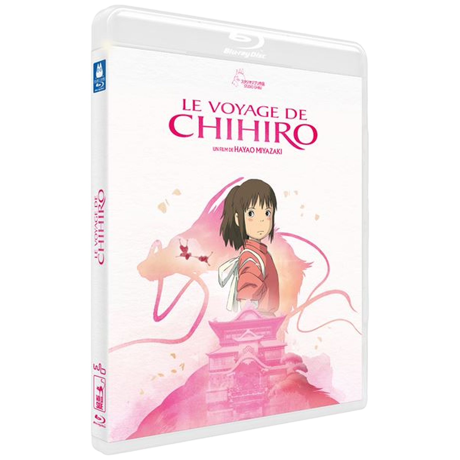 Boîtier Blu-ray du "Voyage de Chihiro". Montre Chihiro, le personnage principal, sur fond rose. Le titre est en français.