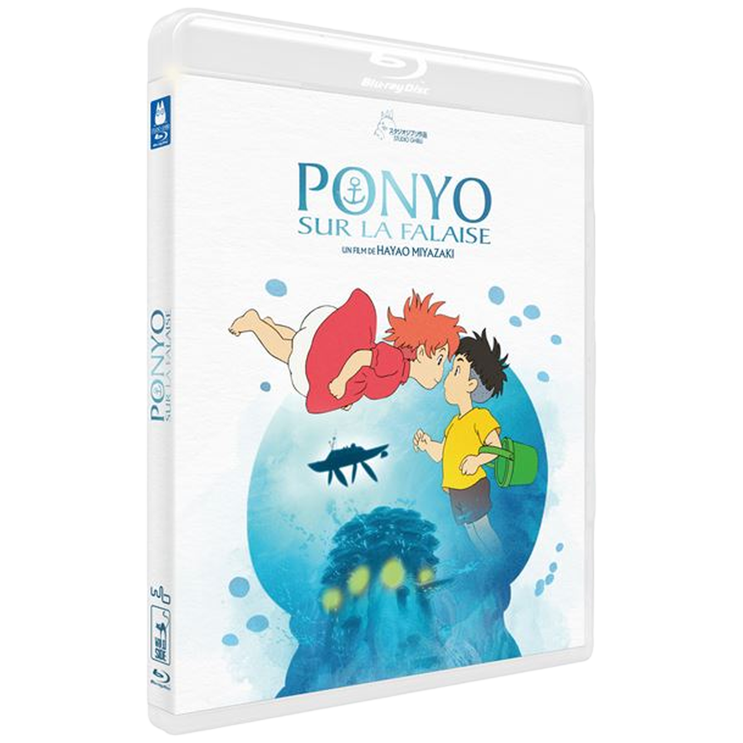 Couverture Blu-ray de Ponyo. Elle montre deux enfants, un en rouge et l'autre en jaune, devant un fond bleu. Titre en français.