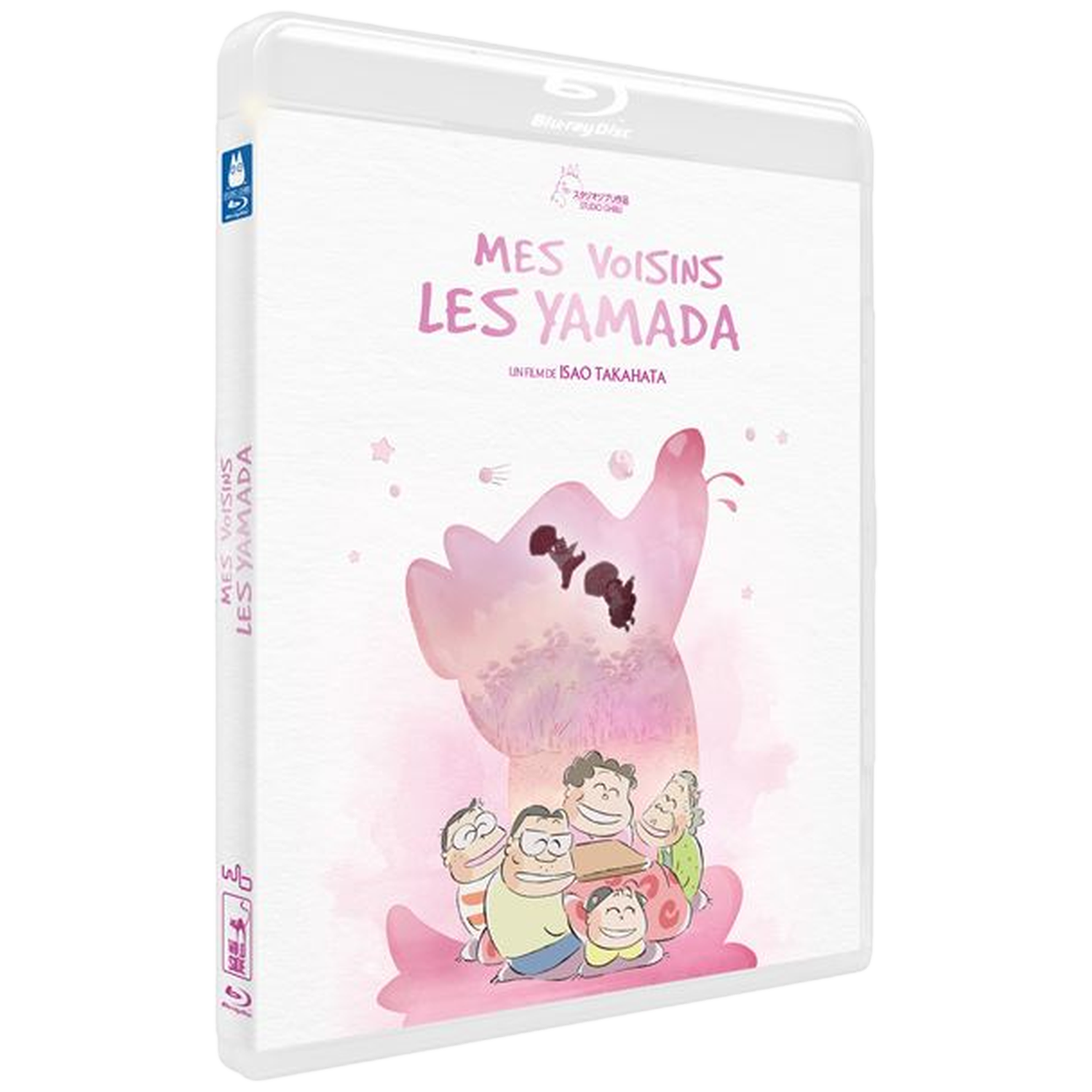 Jaquette Blu-ray de "Mes Voisins Les Yamada". Avec des personnages de dessins animés, des tons roses et du texte japonais. Une famille au premier plan.