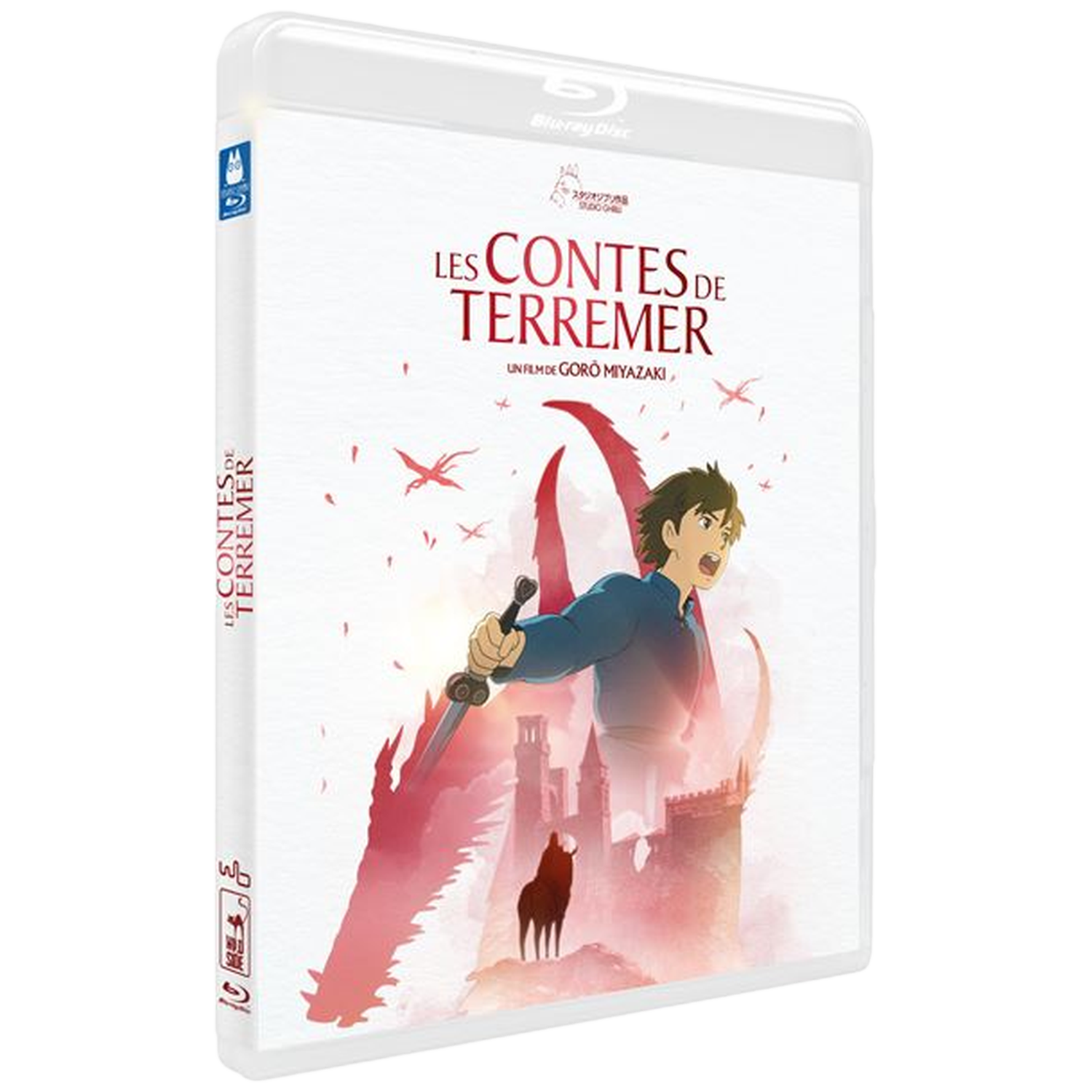Blu-ray hoes voor 'Tales from Earthsea'. Kunstwerk toont een personage met zwaard, rode draakachtige vormen en een fort. De hoes is wit.