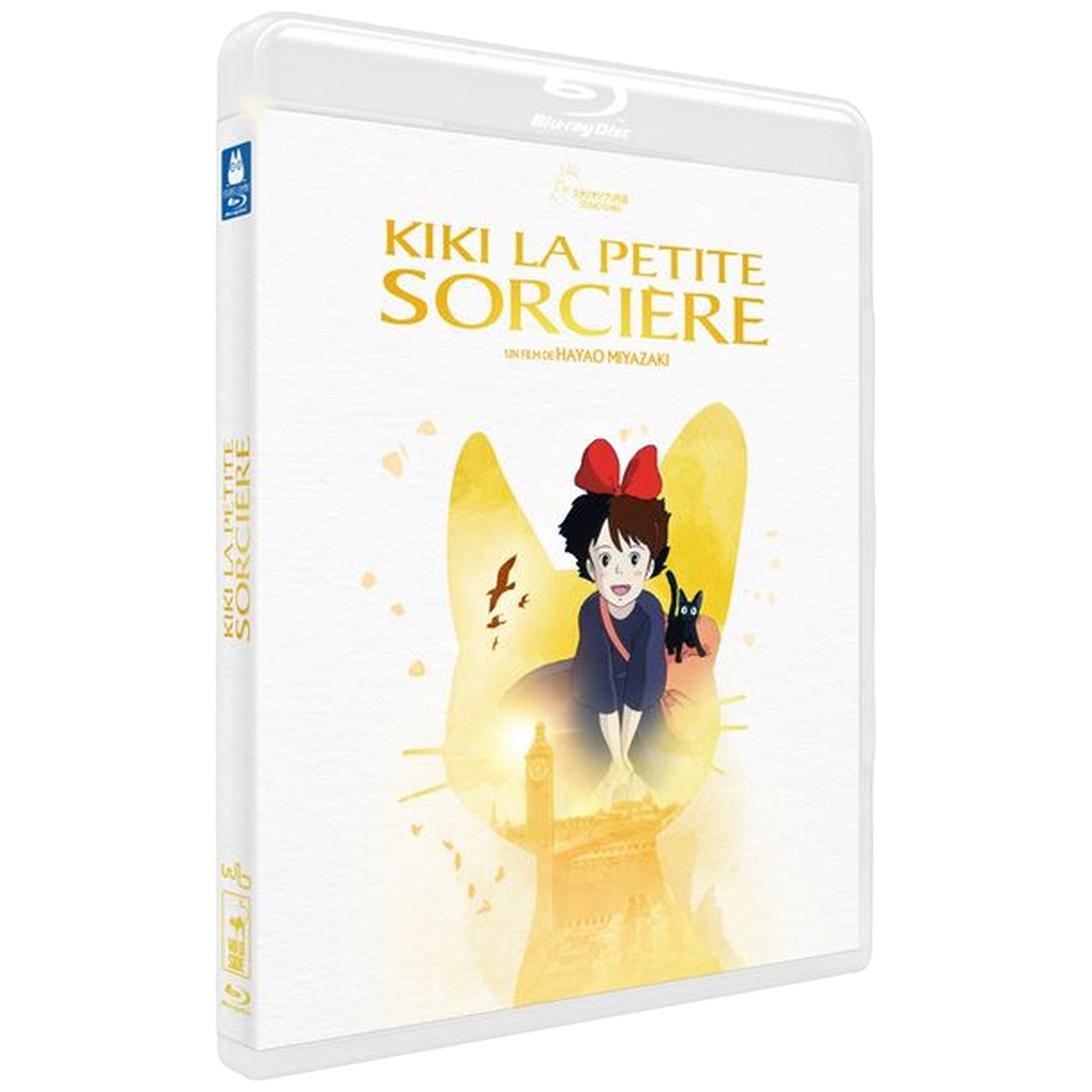 Blu-ray cover van Kiki's Delivery Service. De illustratie toont Kiki met een kat, een stadsgezicht en de titel. De case is wit.