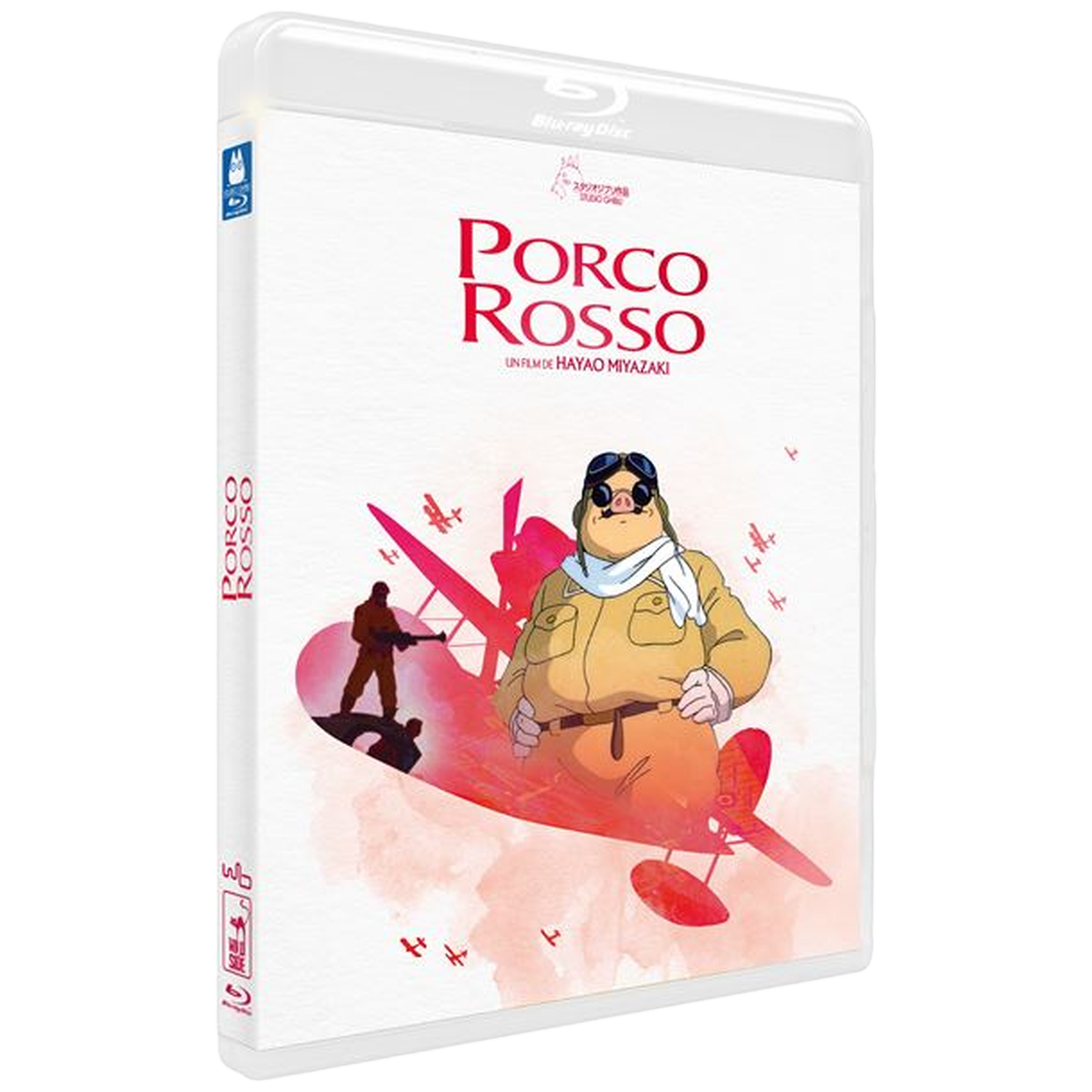 Couverture Blu-ray de Porco Rosso. La couverture présente un personnage ressemblant à un cochon en équipement d'aviateur avec un avion rouge et un homme avec une arme.