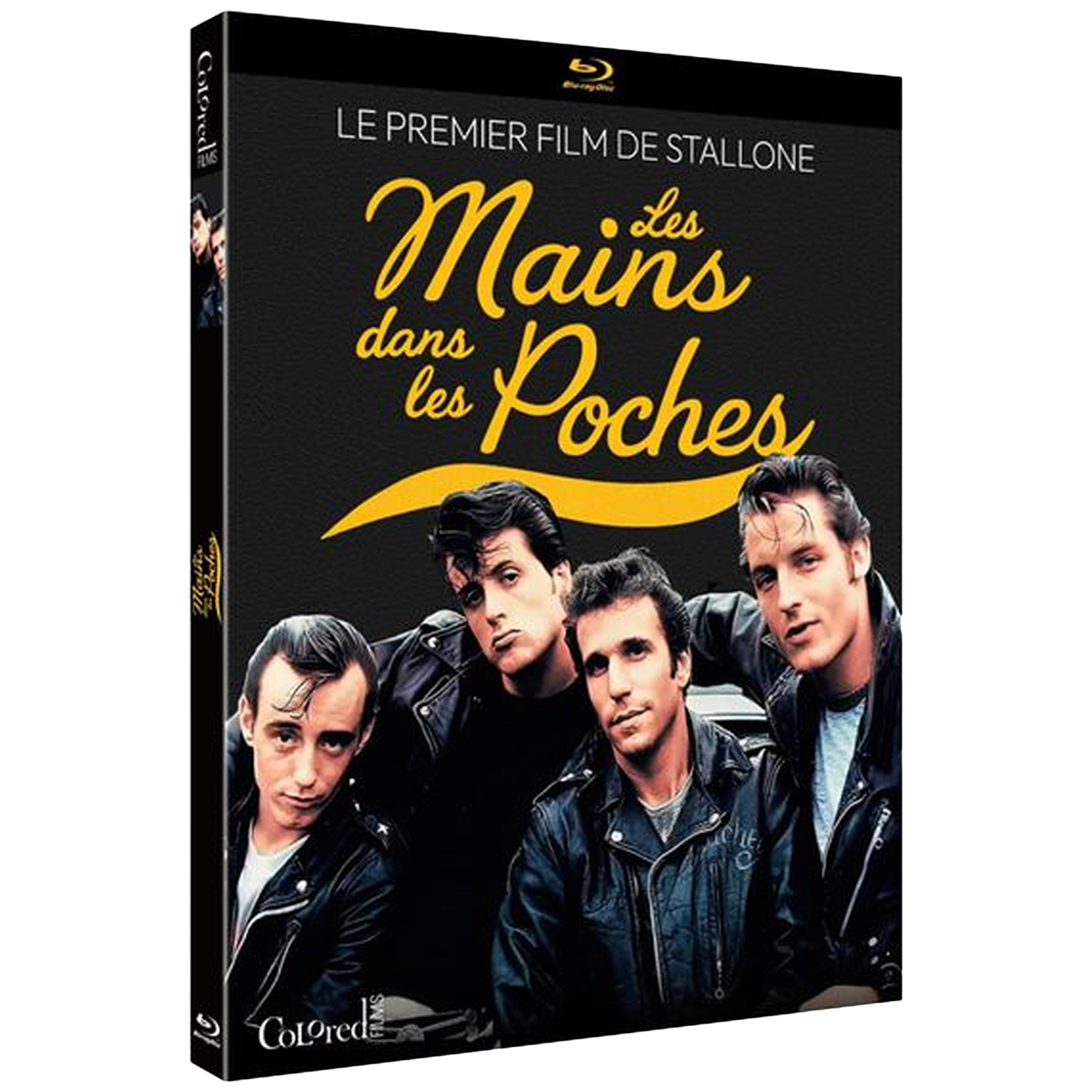 Couverture du film. Quatre hommes en blousons de cuir. Titre : Mains dans les Poches. Texte : Le premier film de Stallone. Logo Colored Films.