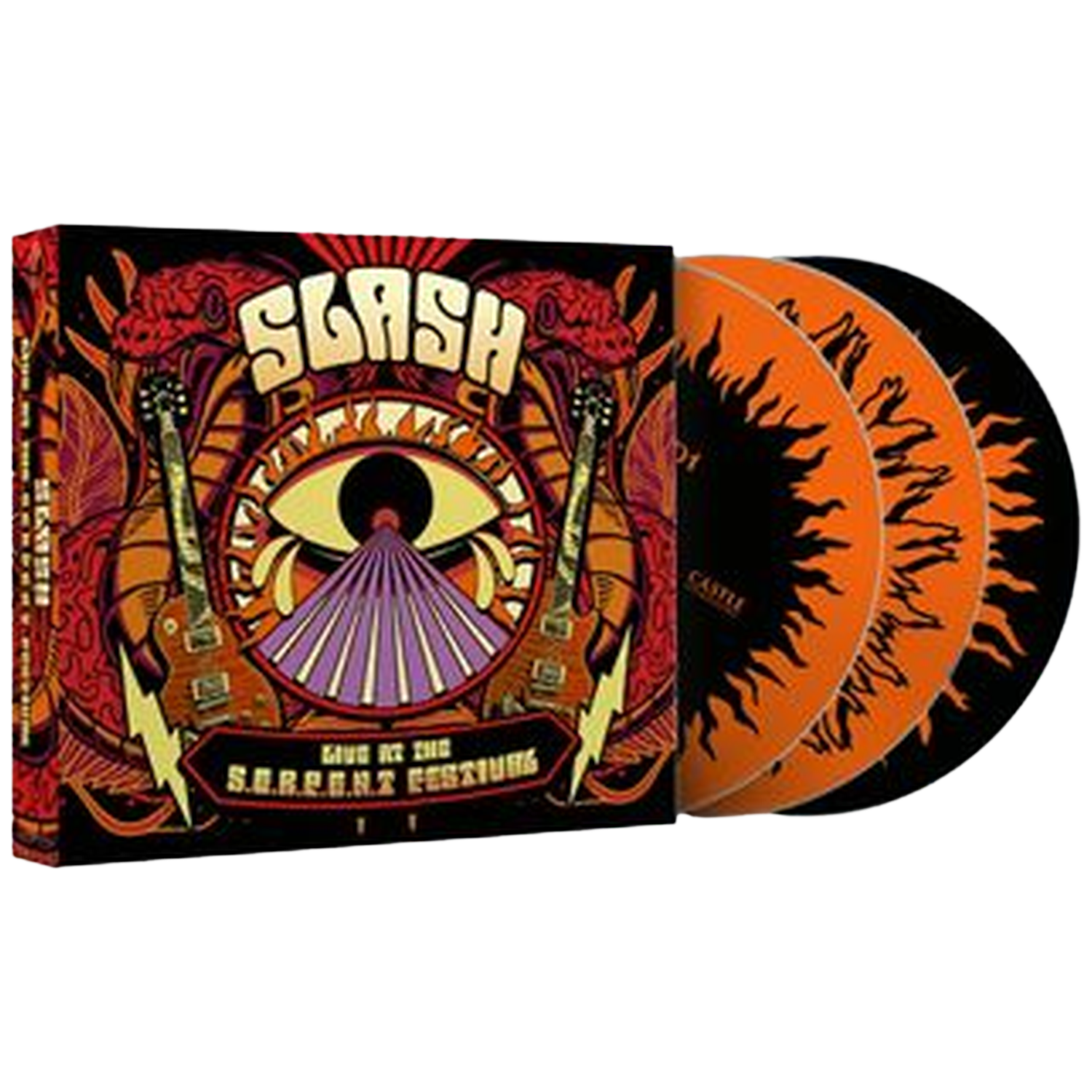 CD-set voor Slashs 'Live at the Serpent Festival'. De box art toont een gestileerd oog, gitaren en vlammen, met drie zichtbare cd's.
