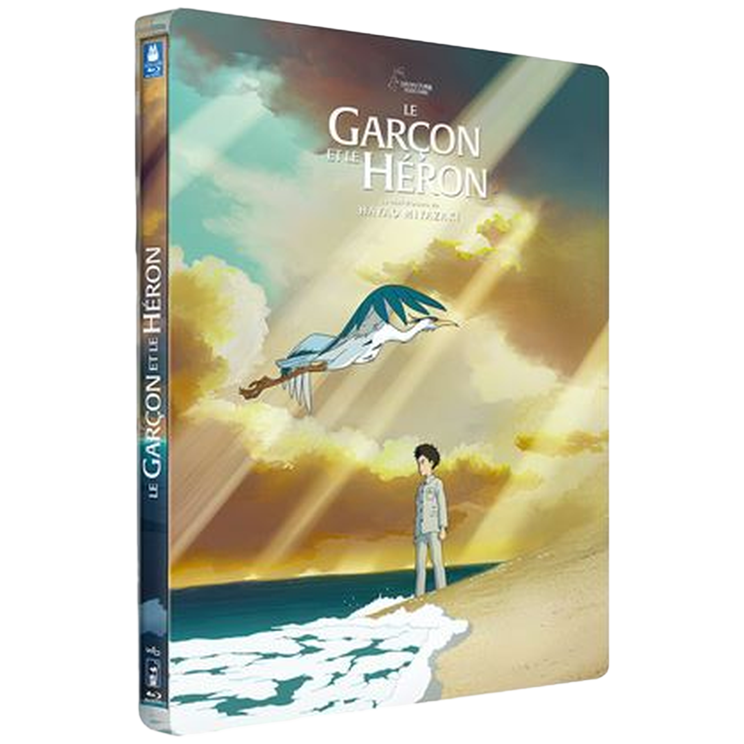 Blu-ray cover. Een jongen staat op een strand en kijkt naar een reigerachtige vogel in de lucht. De titel is "Le Garçon et le Héron".