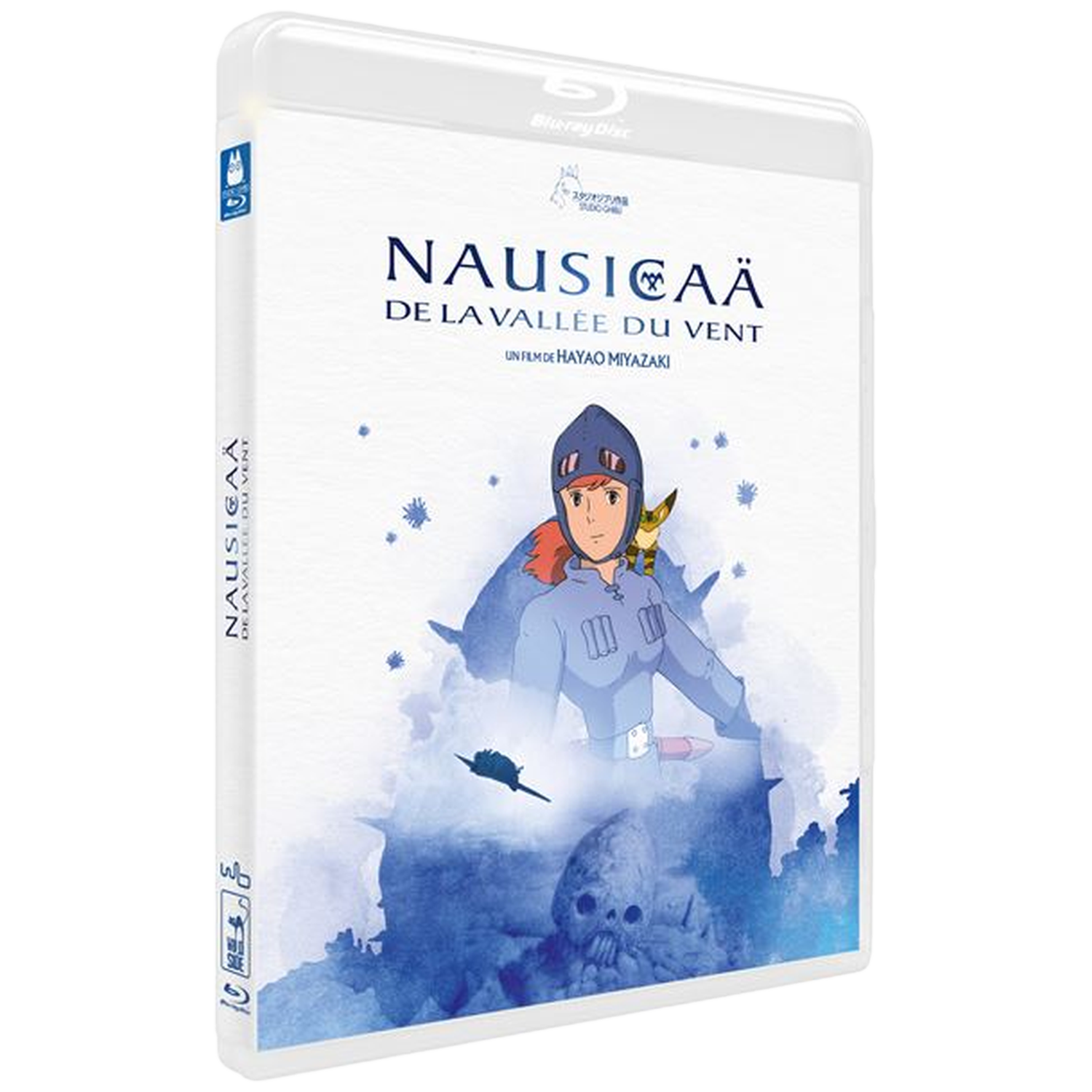 Boîtier Blu-ray de Nausicaä. Un personnage avec un casque est sur la couverture. Le titre est en français. Logo Blu-ray en haut à droite.