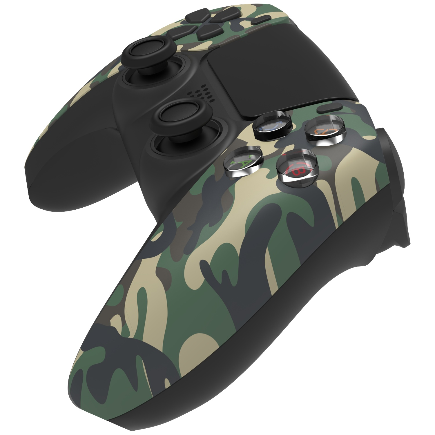 A camouflage patterned game controller. Black and green camouflage design on the body, with black buttons and joysticks. Angled view.