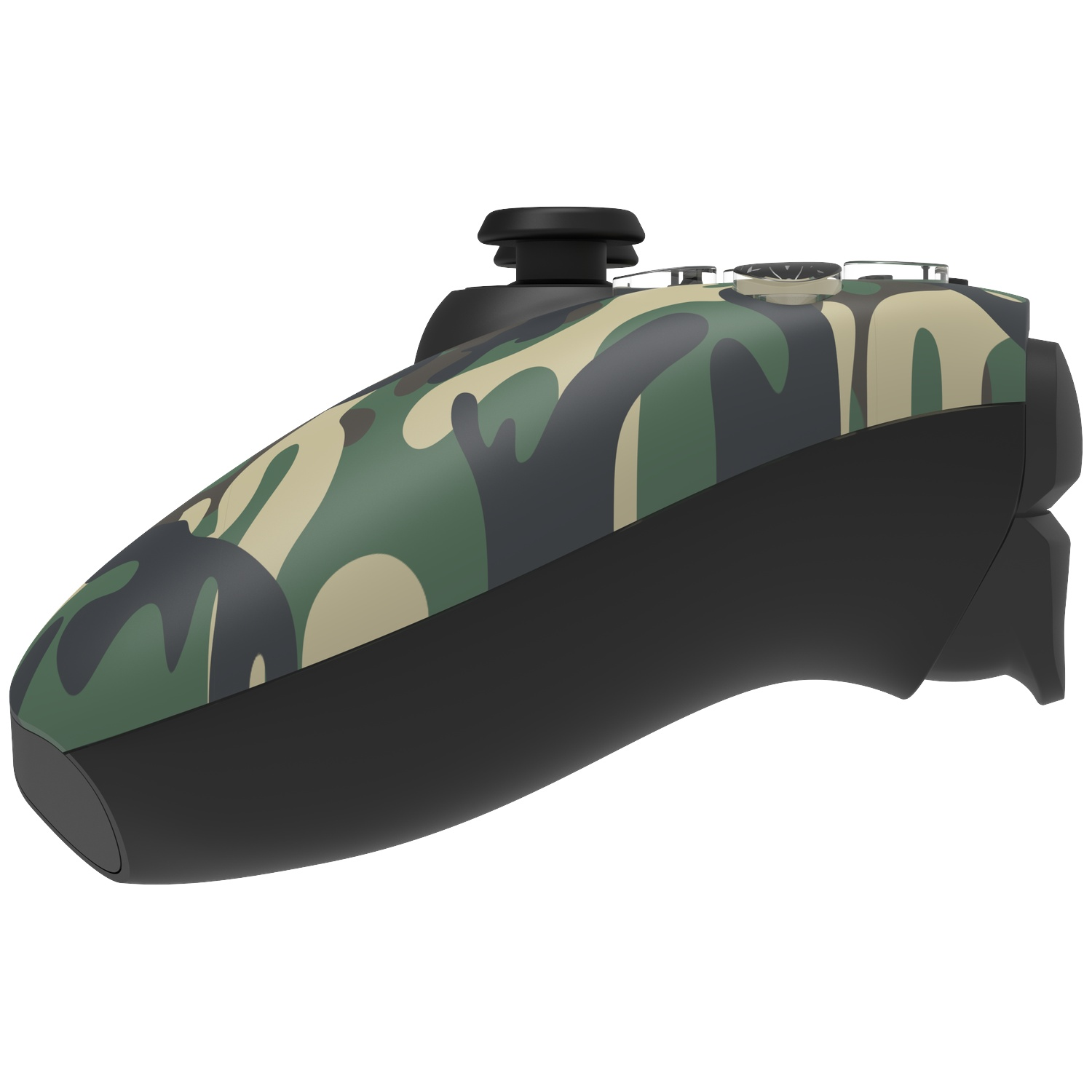 A camouflage-patterned game controller, black base, buttons, and joystick. The background is white.