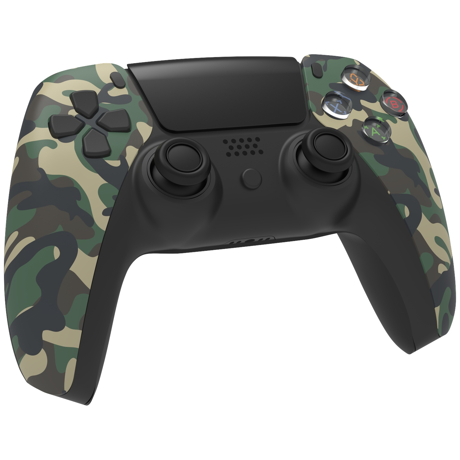 A camouflage-patterned game controller, featuring black buttons and a black central panel. The background is plain white.