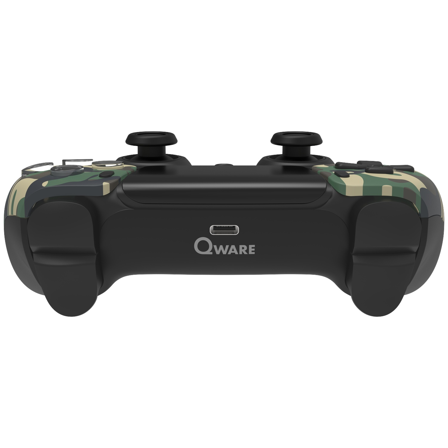 A black gamepad with camouflage design on the top. The gamepad has two joysticks and several buttons. The brand QWARE is visible.