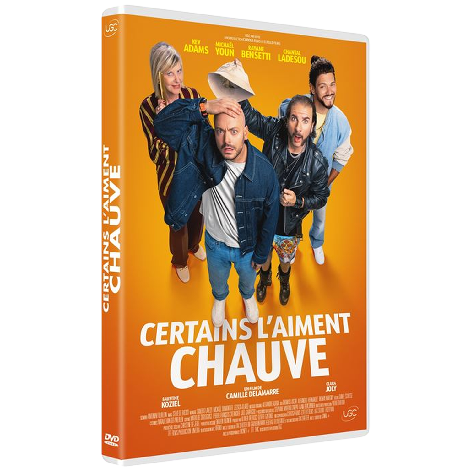 Couverture DVD: Quatre personnes, titre 'Certains l'aiment chauve'. Fond orange, visages d'acteurs. Texte et logos également présents.