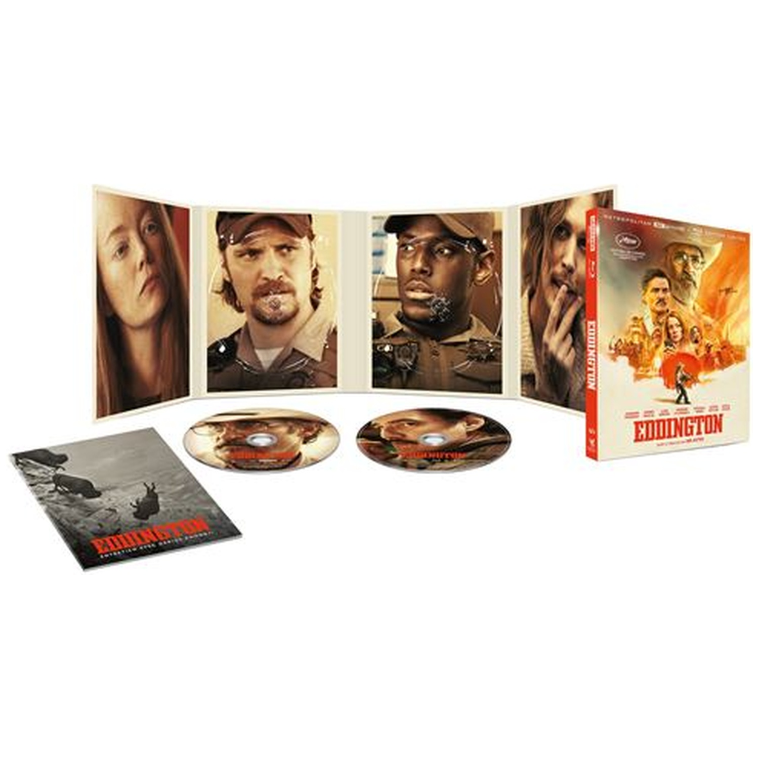 Coffret du film Eddington. Comprend boîtier Blu-ray, disques et livret. Présente les visages des acteurs et une scène désertique.