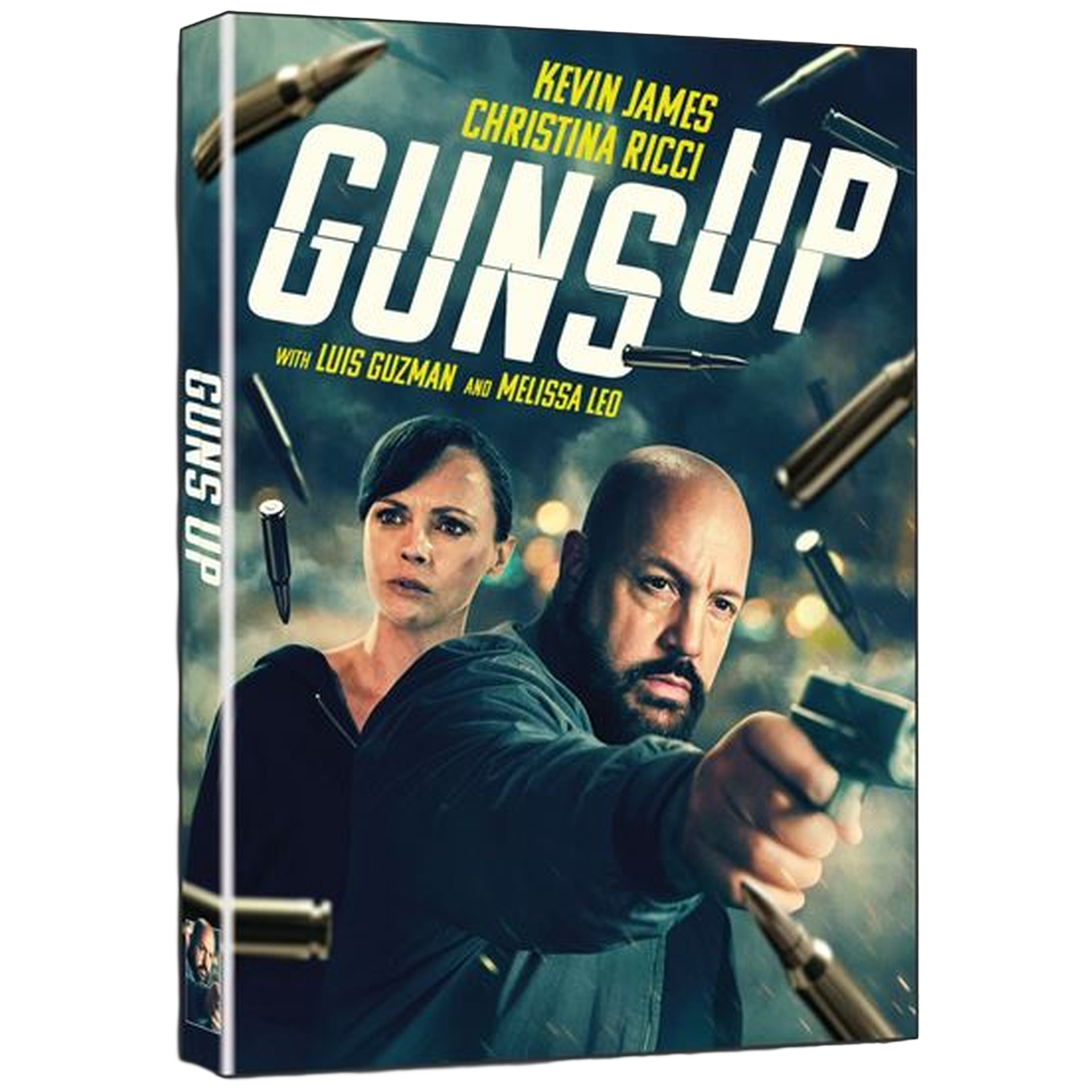 Couverture DVD pour Guns Up avec Kevin James et Christina Ricci. Balles et deux personnes tenant des armes dans l'image.