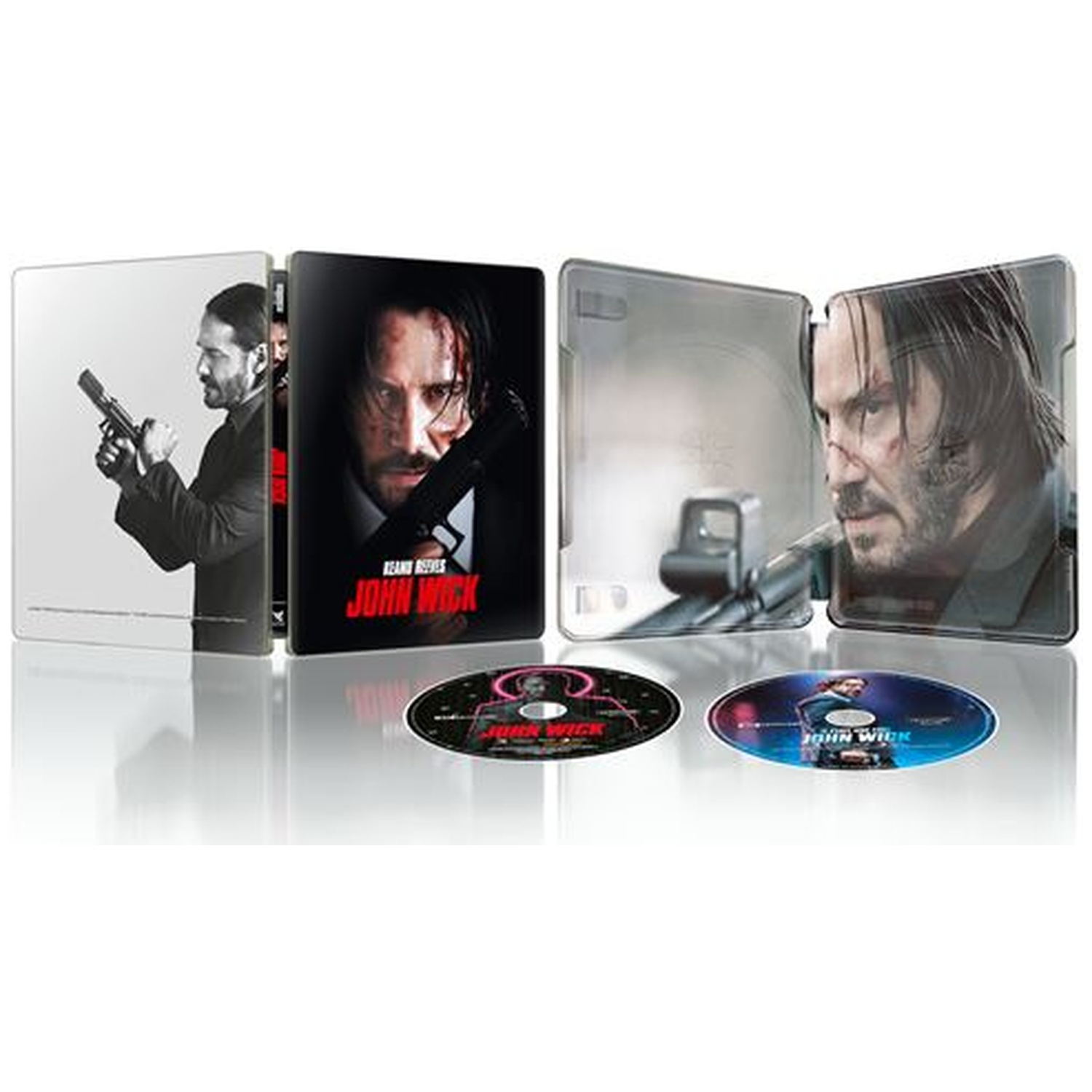 John Wick movie set. Contains steelbook, two discs, and images of John Wick. The steelbook is open and the discs are visible.