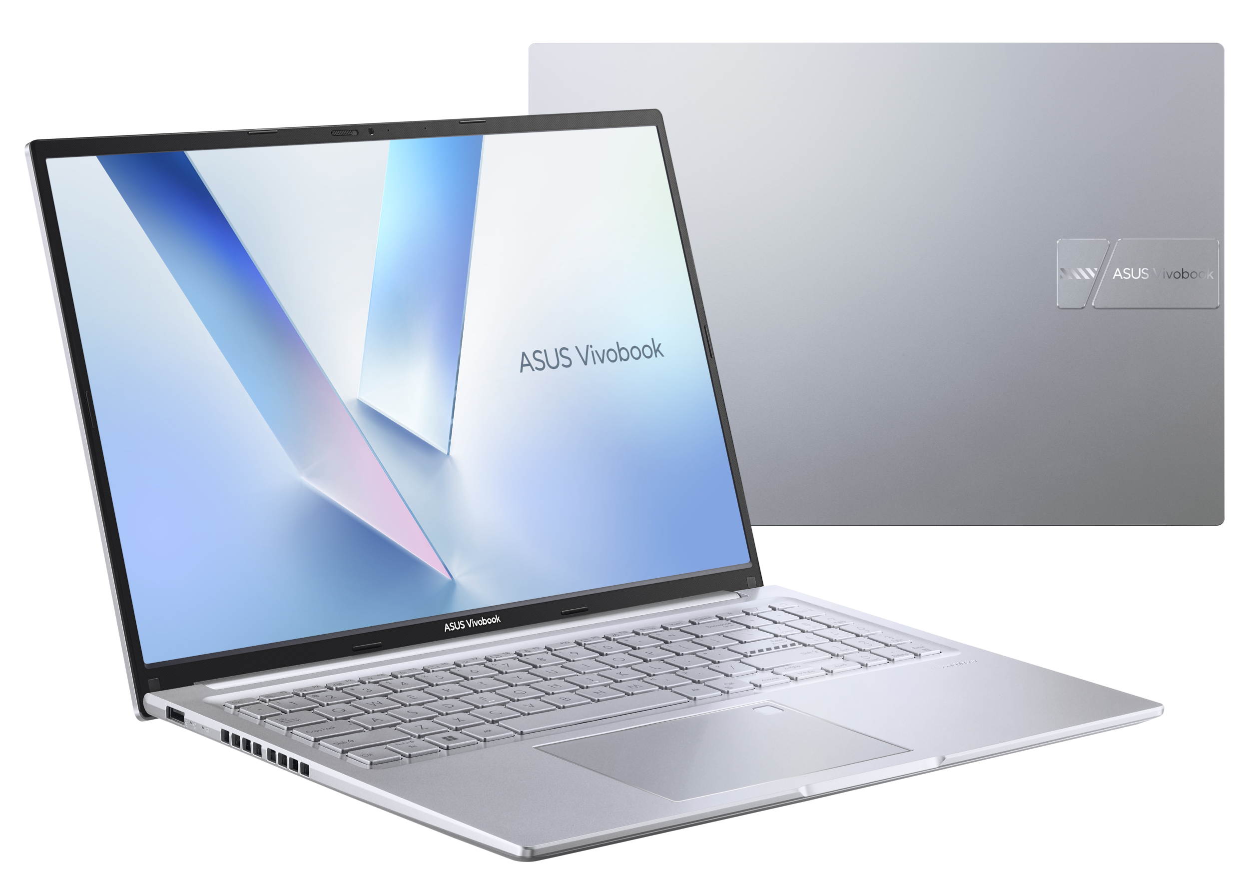 Srebrny laptop ASUS Vivobook. Ekran wyświetla logo ASUS Vivobook. Tło pokazuje tył laptopa.