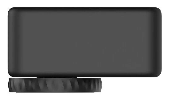 Czarne prostokątne urządzenie z zaokrąglonymi rogami na czarnej, żłobionej cylindrycznej podstawie na białym tle.