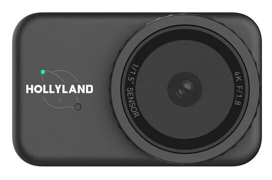 Czarny aparat Hollyland. Ma duży obiektyw po prawej stronie, a nazwa marki po lewej. Ma zielone światło.