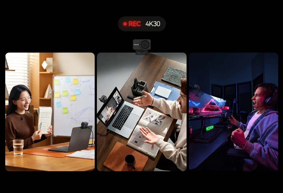 Obraz przedstawia trzy sceny: nauczyciela, osobę z laptopem i gracza. Wszyscy używają kamery internetowej.