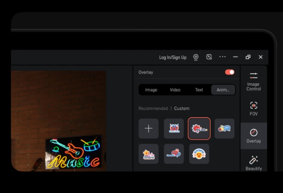 Ekran wyświetla menu nakładki. Neonowy znak mówi „Muzyka” z instrumentami muzycznymi. Tło to ceglana ściana.