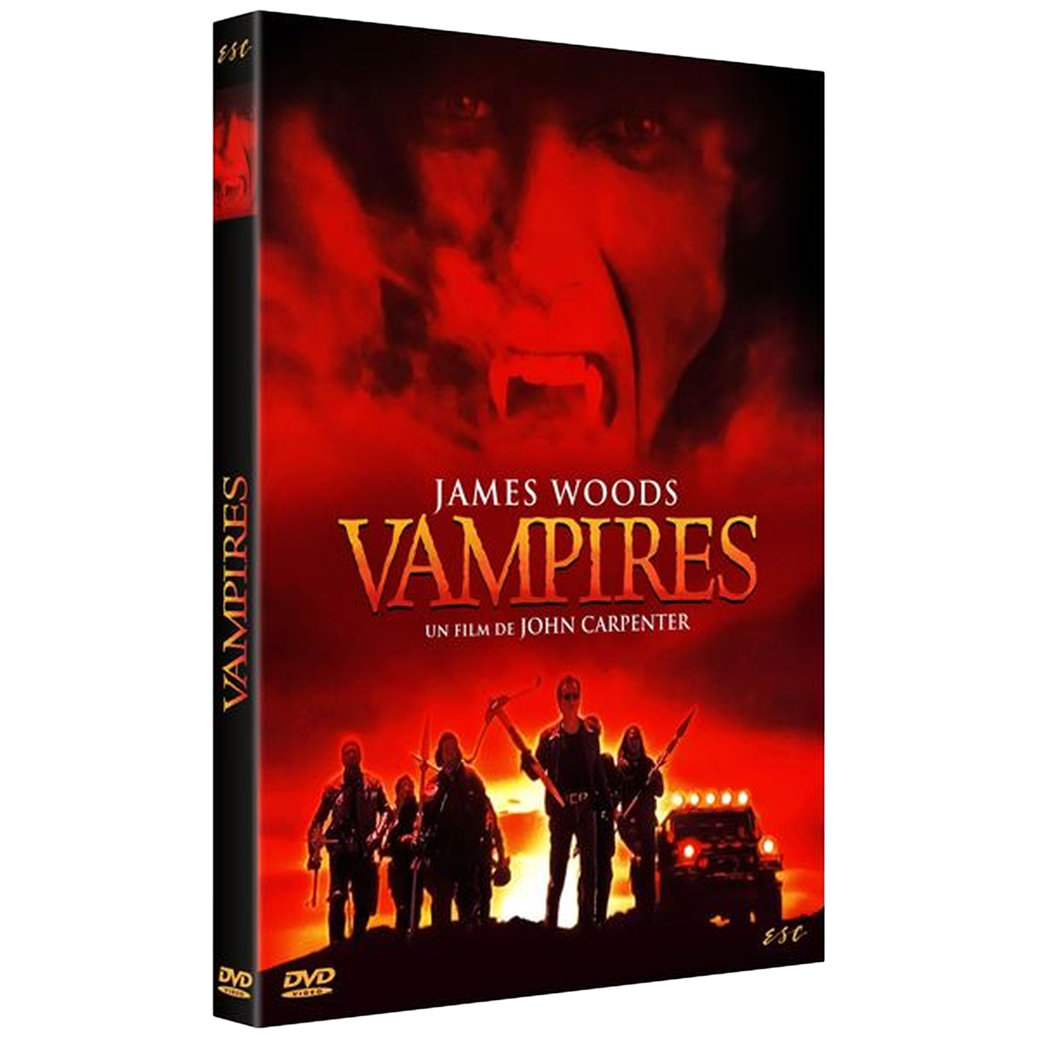 Couverture DVD du film Vampires. Fond rouge avec visage de vampire et groupe de personnes avec une voiture.