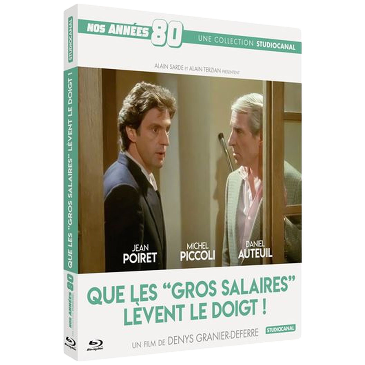 Couverture de DVD. Deux hommes en costume se font face. Le texte comprend le titre 'Que les gros salaires lèvent le doigt!'