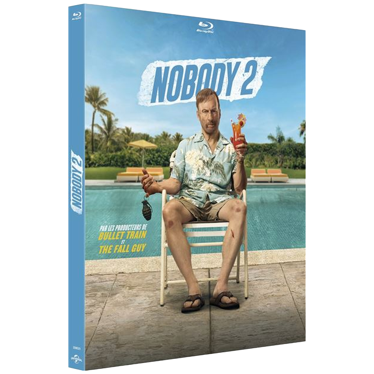 La couverture du film montre un homme tenant un cocktail et une grenade près d'une piscine. Le titre est "NOBODY 2". L'arrière-plan comprend des palmiers.