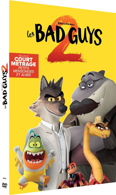 Couverture DVD de "Les Bad Guys 2". Avec des personnages de dessins animés : loup, requin, serpent, araignée et piranha sur fond jaune.