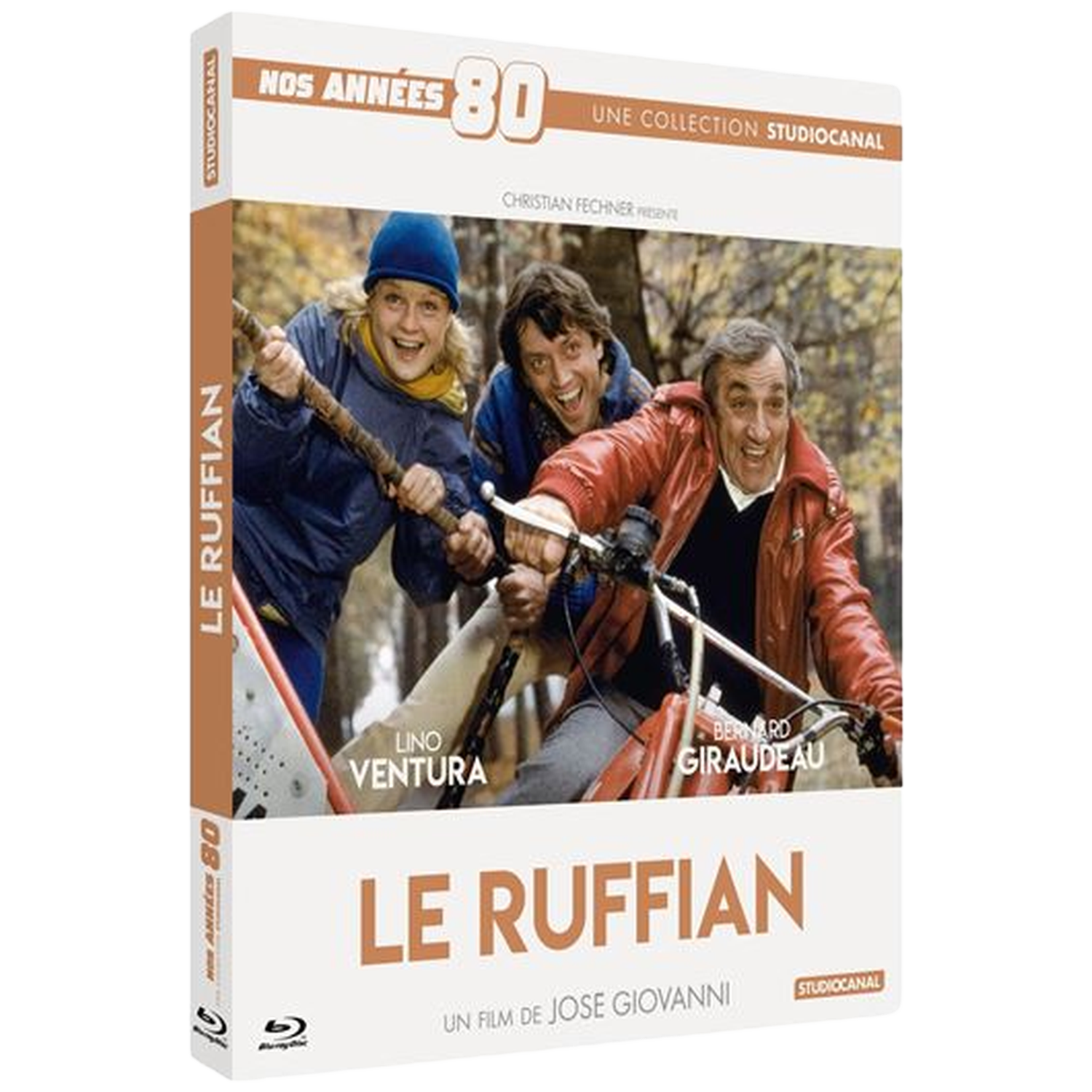 Jaquette DVD de 'Le Ruffian'. Trois acteurs, un à vélo. Titre et noms visibles. Logo StudioCanal et 'Nos Années 80' présents.